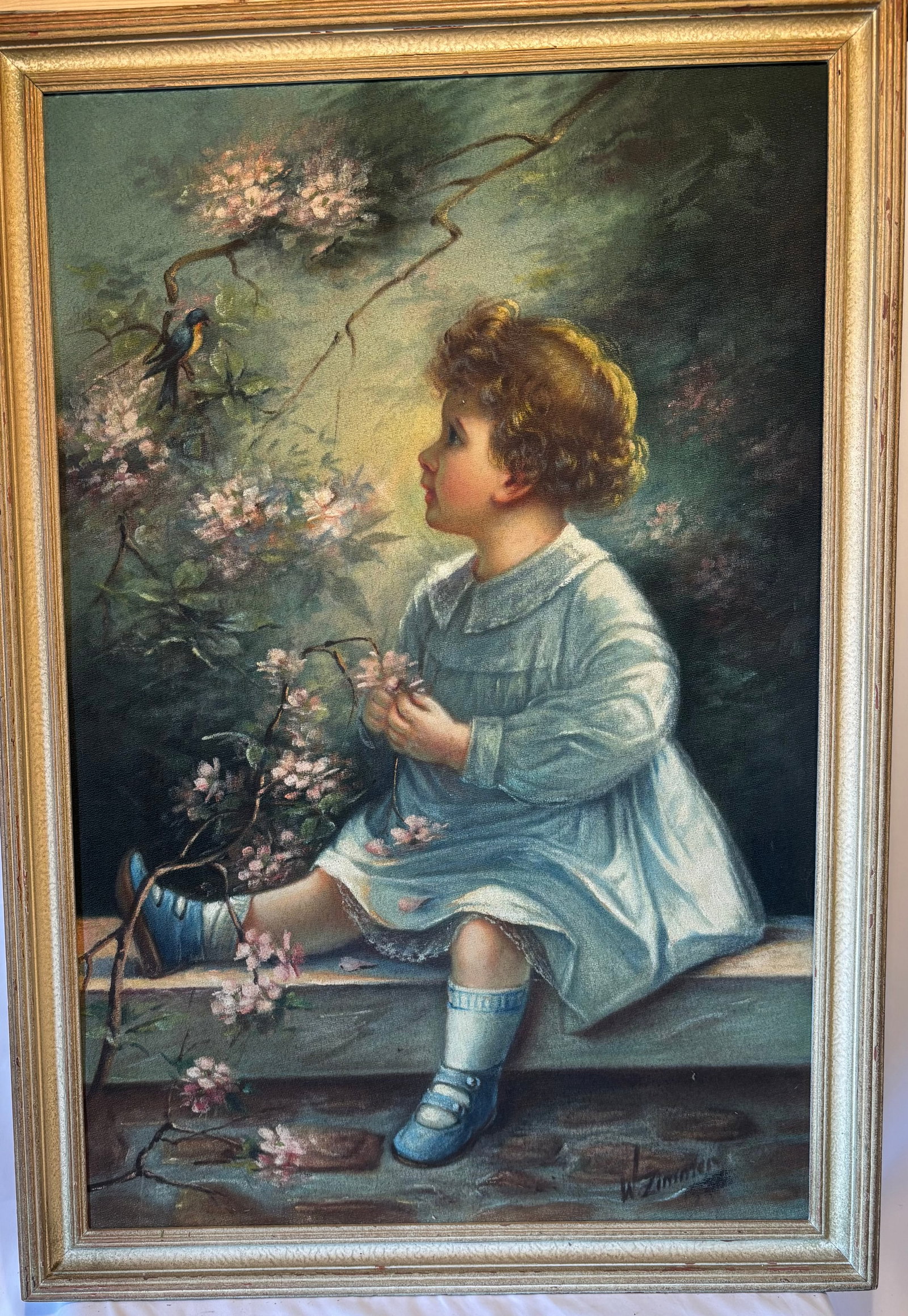 Warren William Zimmer (American, 1914–1998) Oil on Canvas Painting of Child: Depicting a young child seated among flowering branches with a bird nearby, rendered in soft pastel tones. Signed lower right “W. Zimmer.” Oil on canvas, framed. Frame Size:39 x 27 in.