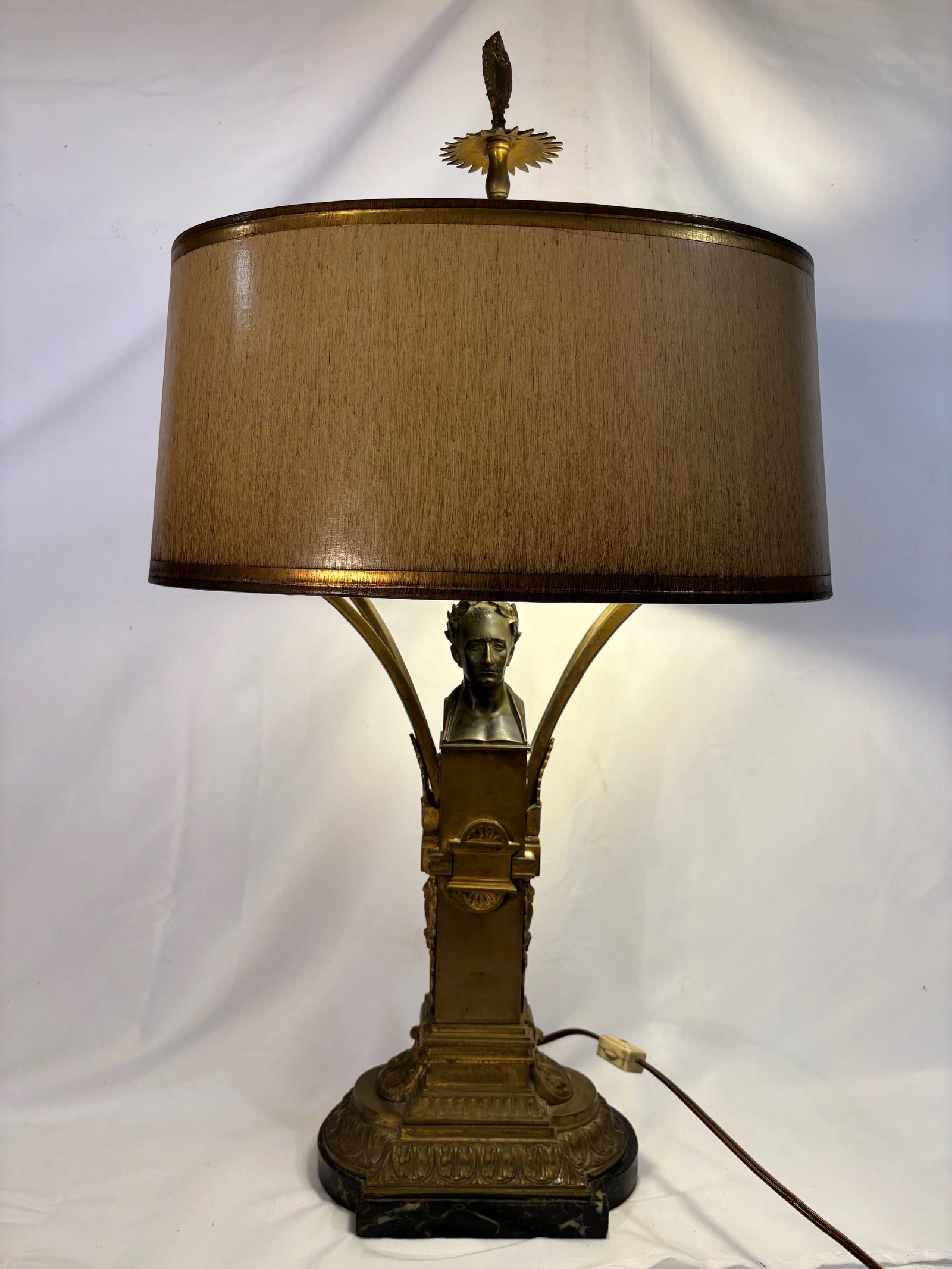 Neoclassical Figural Table Lamp with Dante Bust, Gilt Bronze, Marble Base, Italian Style (1 of 15)