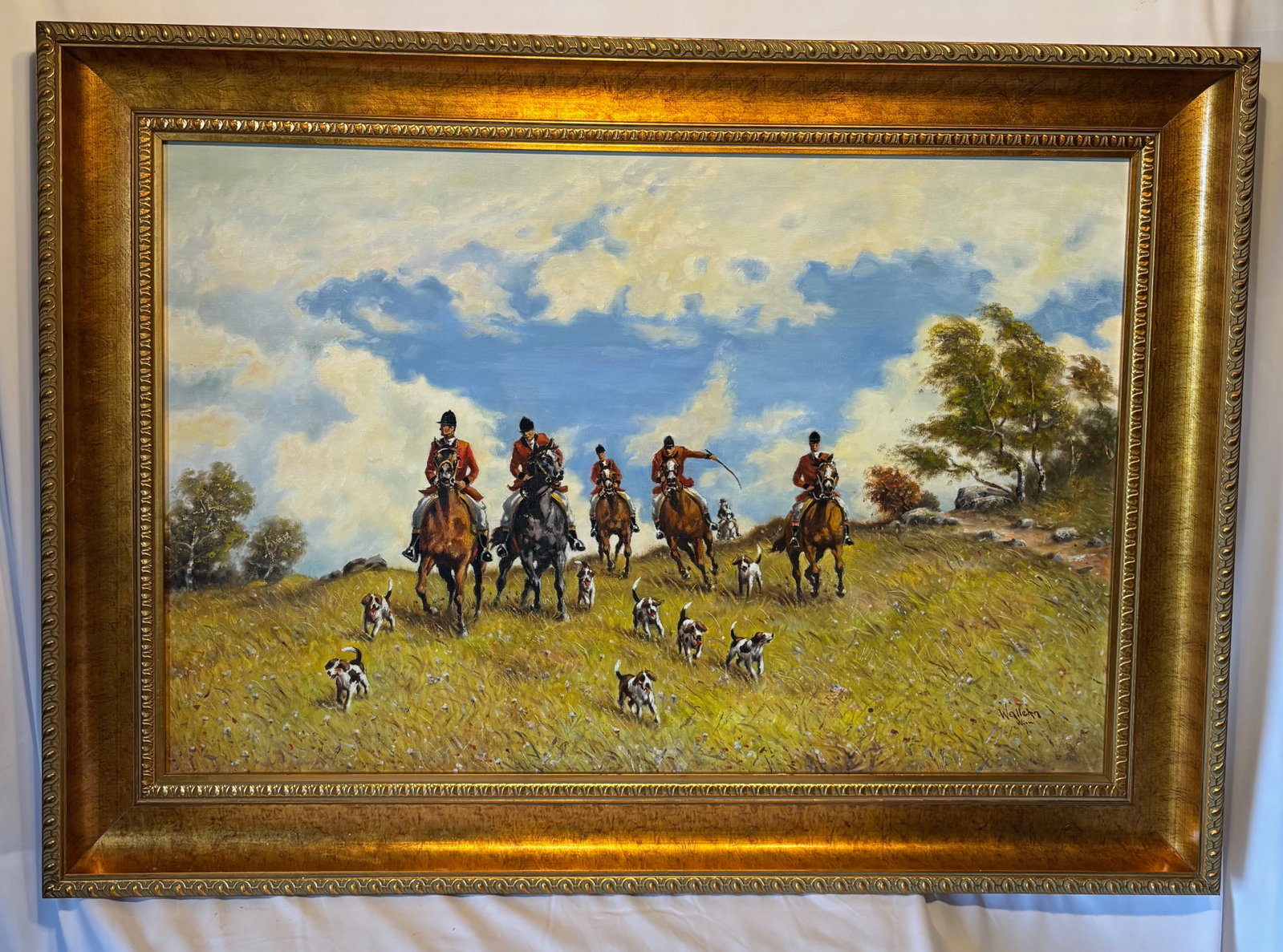 W. Wallern (Born 1918) German Fox Hunt Scene Oil Painting: Oil on canvas painting depicting mounted fox hunters and hounds traversing an open countryside landscape beneath a dramatic cloud-filled sky. Executed in an expressive impressionistic manner with vibr