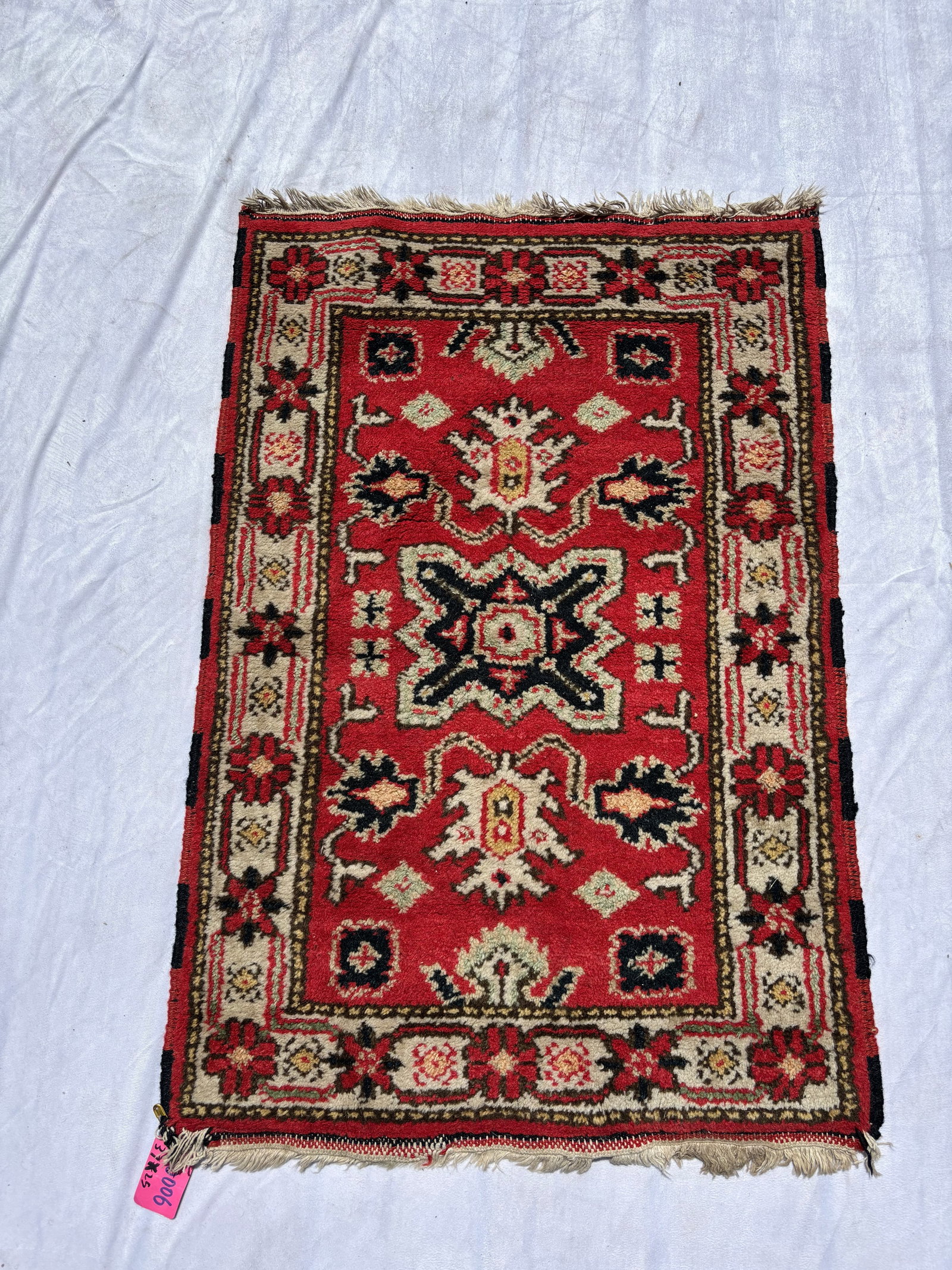 Hand-Knotted Persian Hamadan Style Rug, 37 x 25 Inches: Hand-knotted wool rug featuring a vibrant red field with geometric floral motifs and an ivory border. Traditional Northwest Persian Hamadan/Karaja style design. Measures approximately 37 x 25 inches. 