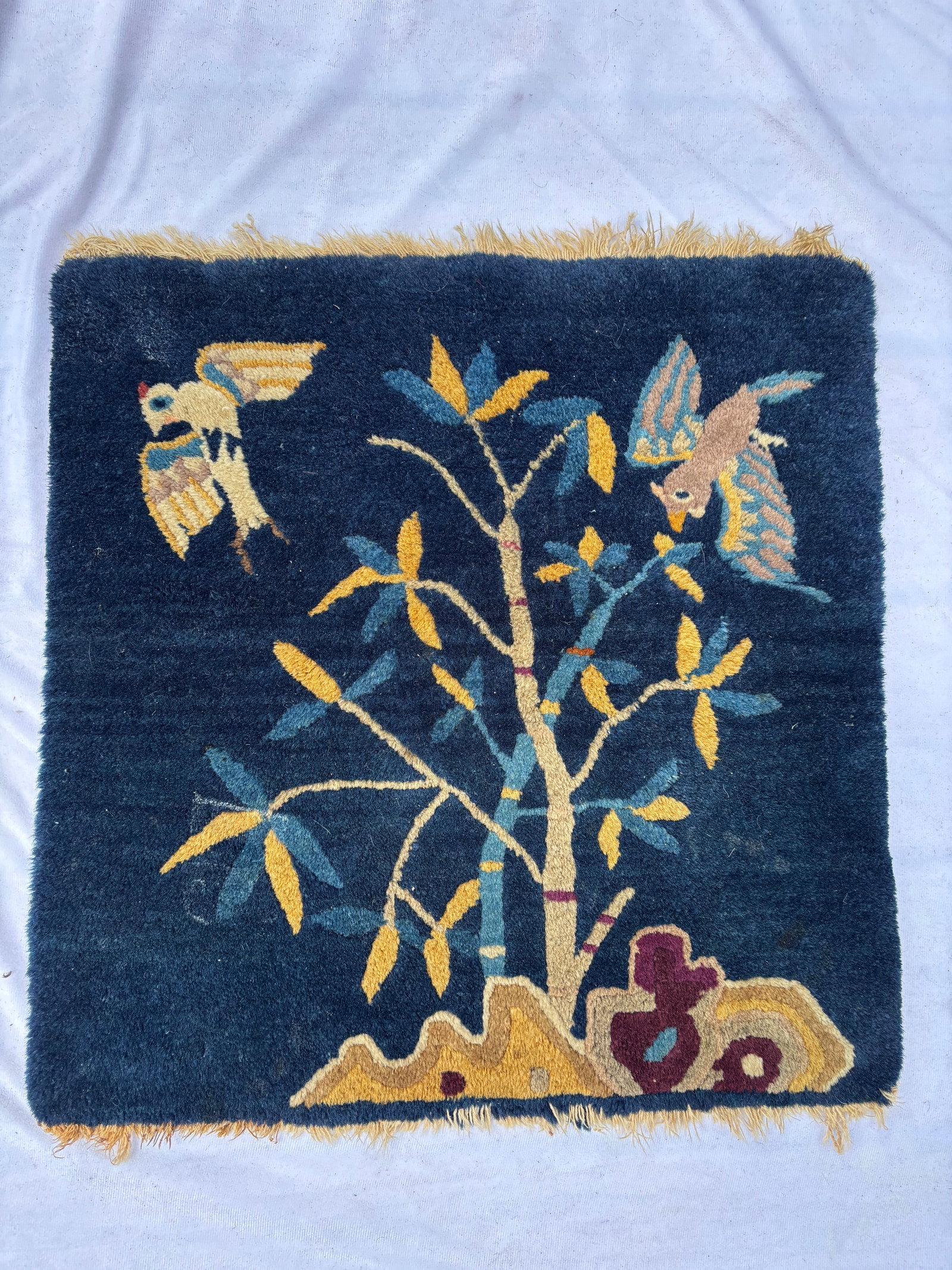 Antique Chinese Peking Style Bird & Bamboo Rug, 19 x 19 Inches (1 of 6)