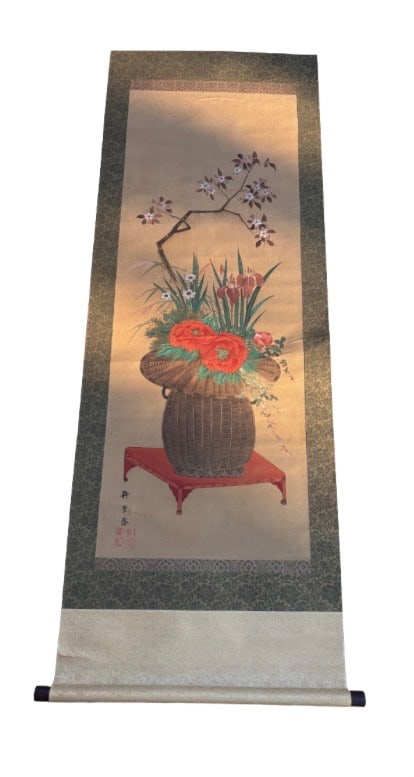 Yanagisawa Kien ((Ry?ri Ky?), 1703–1758), Peonies and Blossoms in Woven Basket ,Ink and Color on: Edo Period, A finely painted hanging scroll depicting a traditional flower arrangement in a woven basket set atop a red lacquer stand. The composition includes vibrant peonies, irises, narcissus, and 