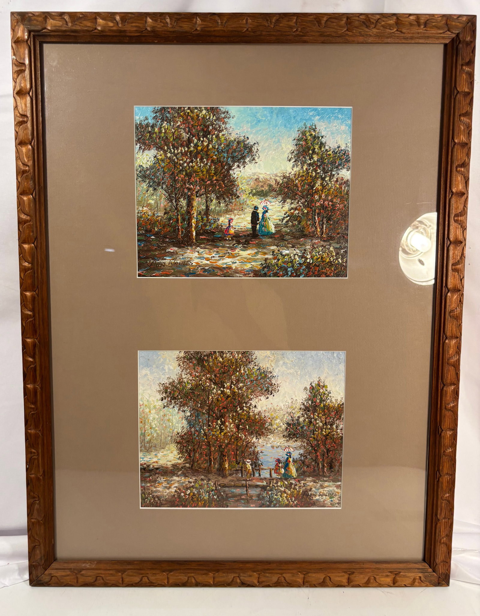 Set of Two Signed Alan Walters Impressionist Oil Paintings: Set of Two signed Alan Walters oil on canvas paintings depicting Impressionist-style landscapes with elegantly dressed figures in serene park and lakeside settings. Executed with expressive palette kn