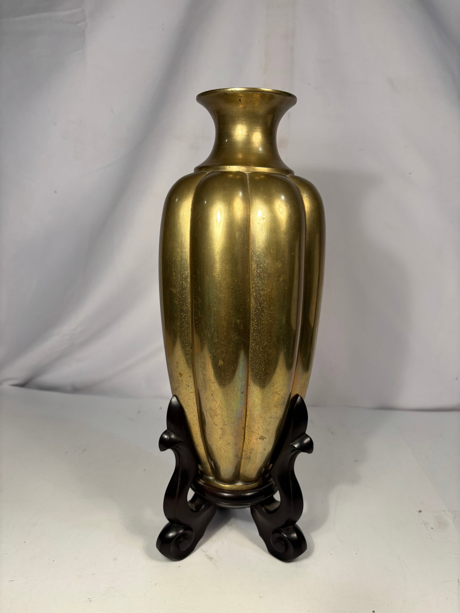 Heavy Chinese Gilt Bronze Lobed Vase, Xuande Mark with wood stand (1 of 14)