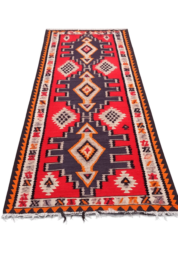 Vintage Turkish Anatolian Handwoven Wool Kilim Runner Rug: A handwoven flat-weave wool kilim runner featuring three large geometric medallions in red, navy blue, ivory, orange, and pale blue, surrounded by multiple traditional geometric borders. Finished with