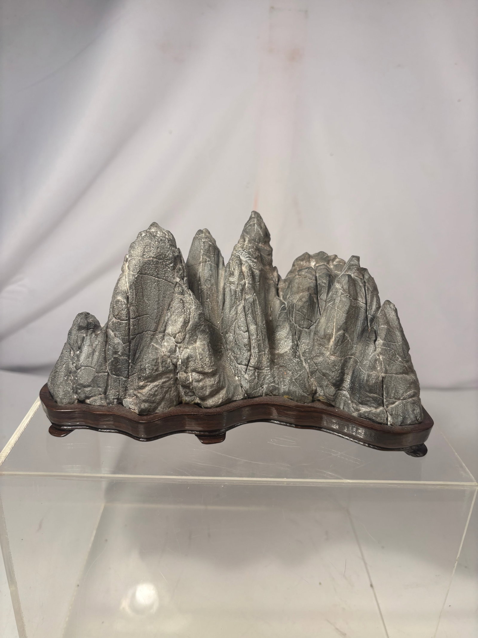Chinese Scholar’s Rock Mountain Landscape on Carved Wood Stand
