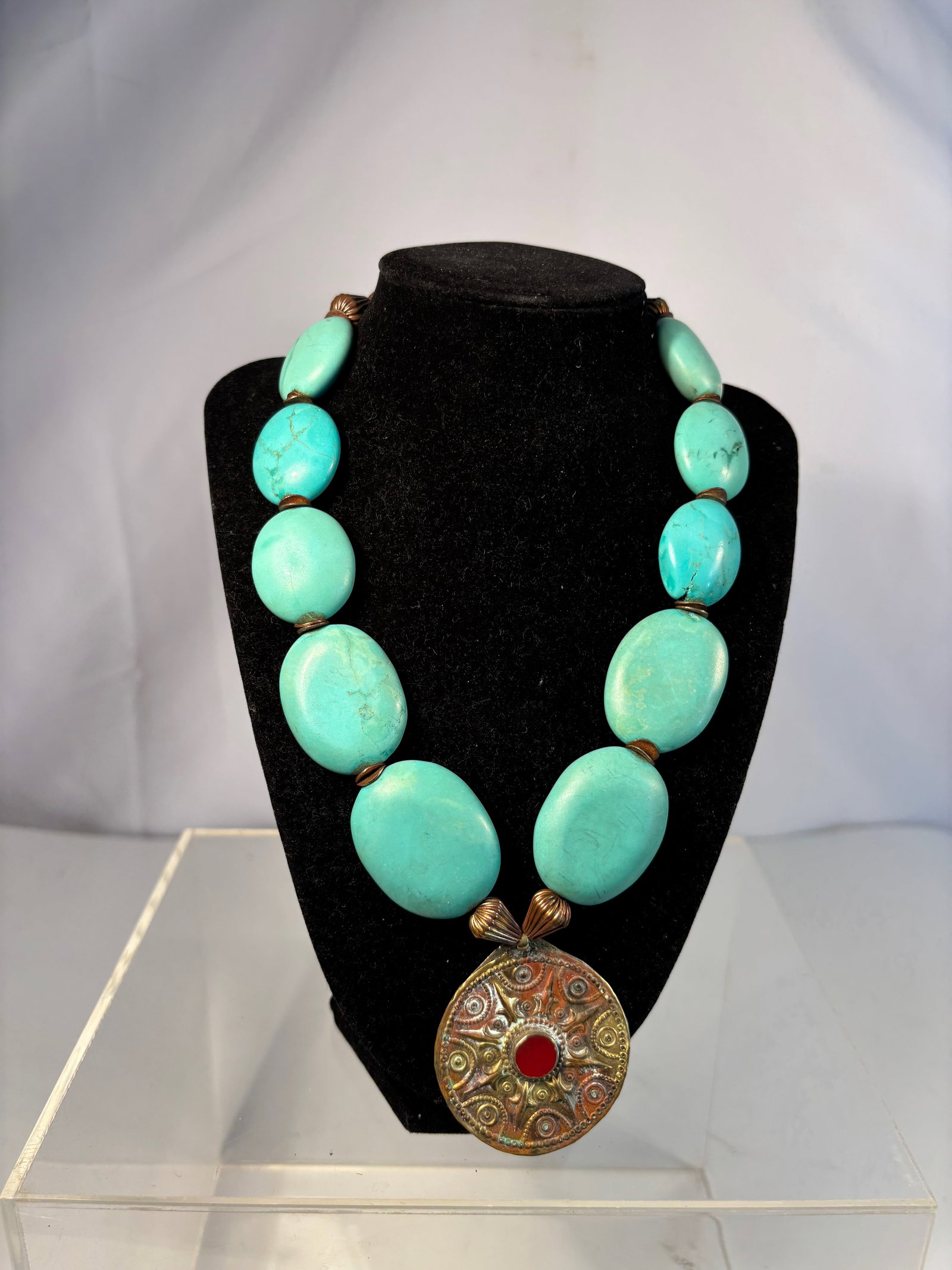 Large Turquoise beads and Gilt-Brass Necklace with Pendant