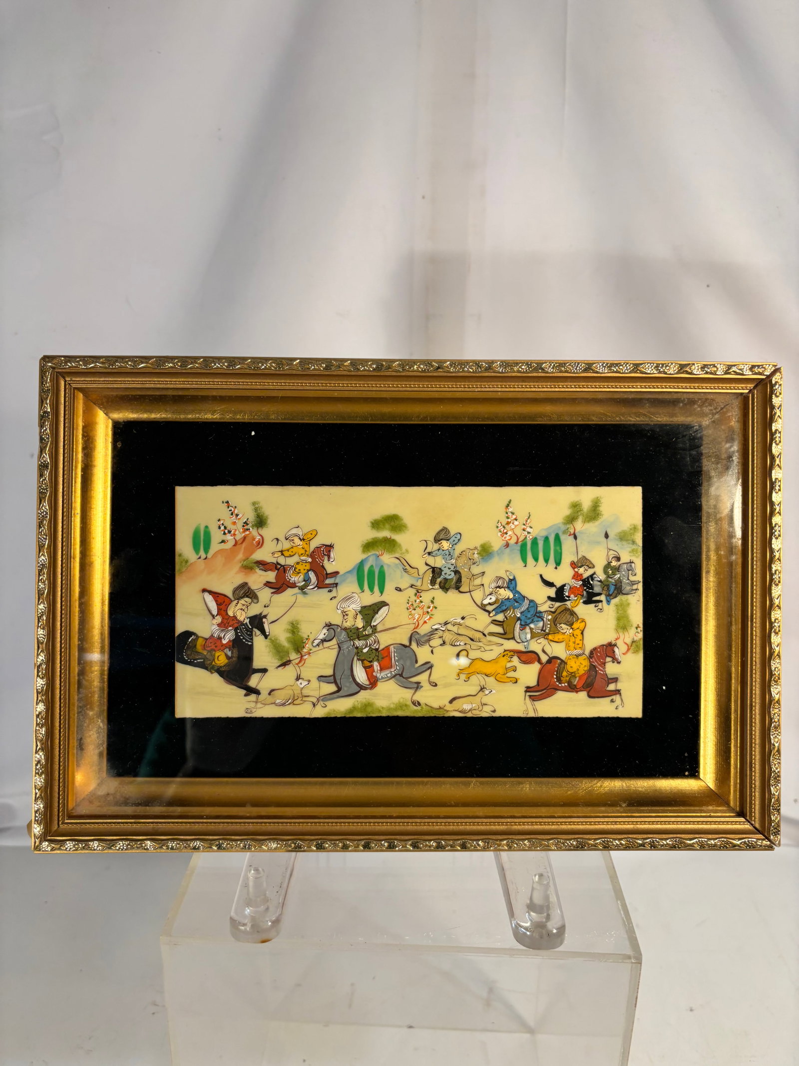Framed Indo-Persian Miniature Painting Depicting a Royal Hunting Scene, 20th Century