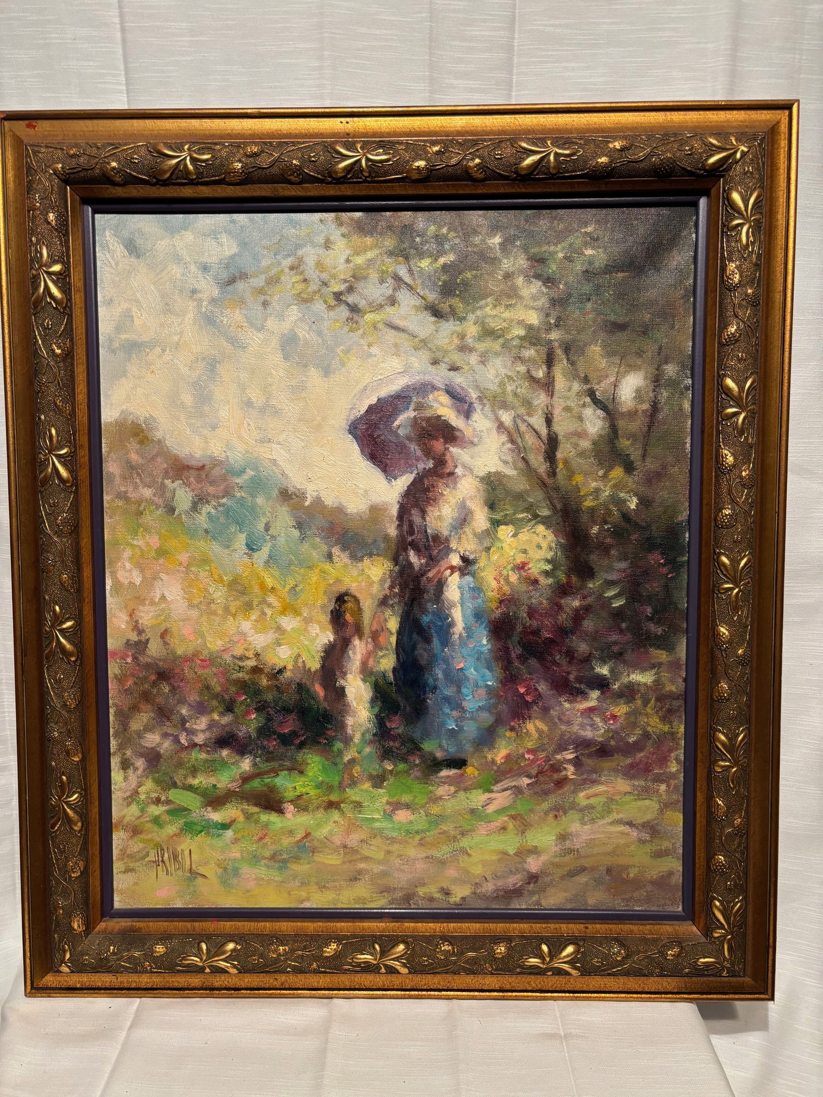 Signed Pribil Impressionist Garden Scene with Woman and Child: Original impressionist-style oil on canvas depicting a woman holding a parasol accompanied by a child in a sunlit flowering garden landscape. Executed in a soft atmospheric palette of lavender, green,
