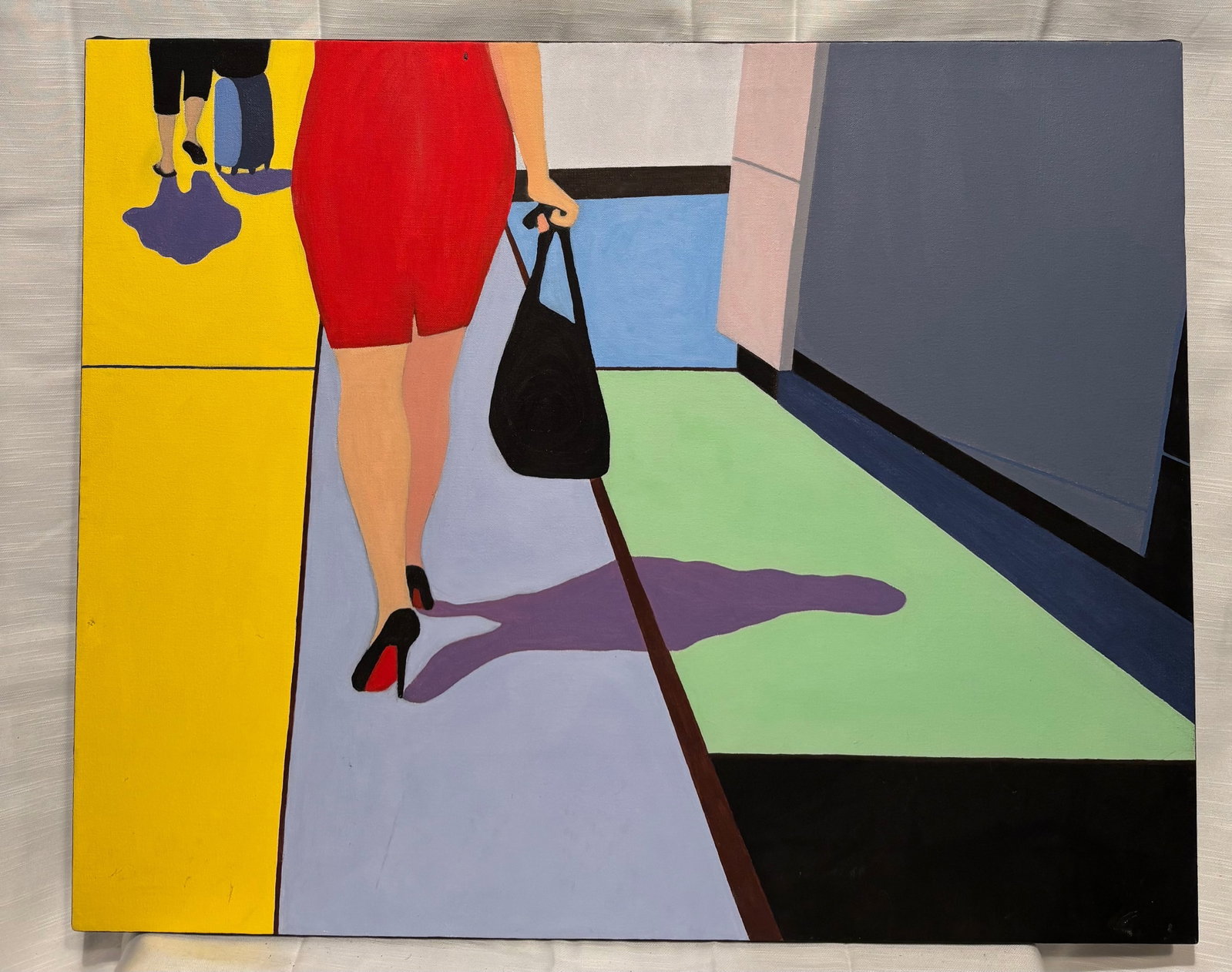 Danielle Walsh (Chicago, Illinois), Contemporary Figurative Interior Painting: A striking contemporary figurative painting by Danielle Walsh, a Chicago-based fine artist, depicting a cropped interior scene with a female figure in a fitted red dress walking across a geometric
