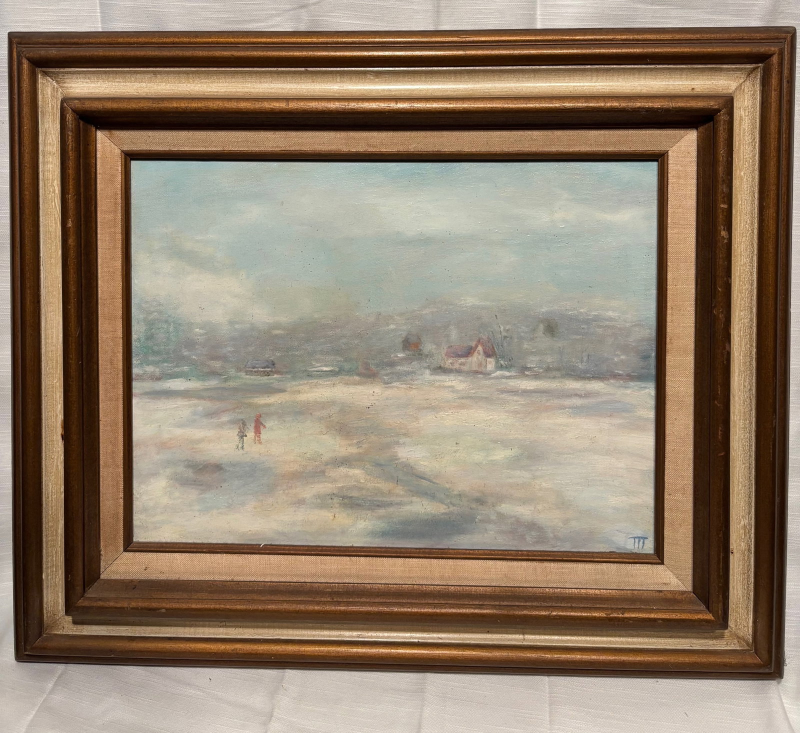 Impressionist Winter Landscape Oil Painting, “New Snow??, Park Ridge IL Gallery Label, Framed: An original winter landscape painting depicting a snow-covered field with distant buildings and figures, executed in a soft impressionist manner. The composition features subtle tonal transitions,