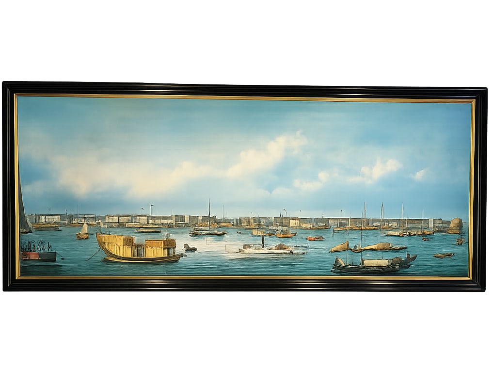 Chinese Export School Oil Painting Depicting Canton Harbor and Foreign Trade District, 19th Century: Large Chinese Export School oil painting depicting Canton Harbor and the Foreign Trade District along the Pearl River. The composition features trading vessels, sampans, foreign flags, and waterfront