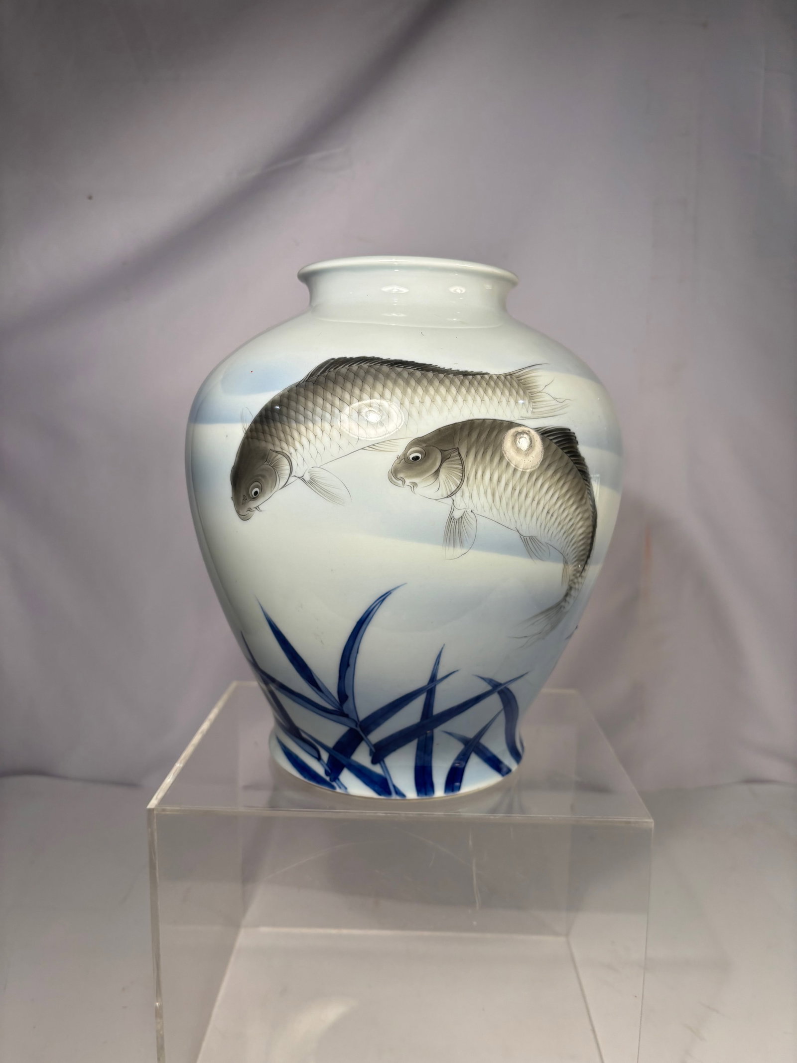 A Japanese Fukagawa Seiji Porcelain Vase, Showa 17 (1942), Carp Motif