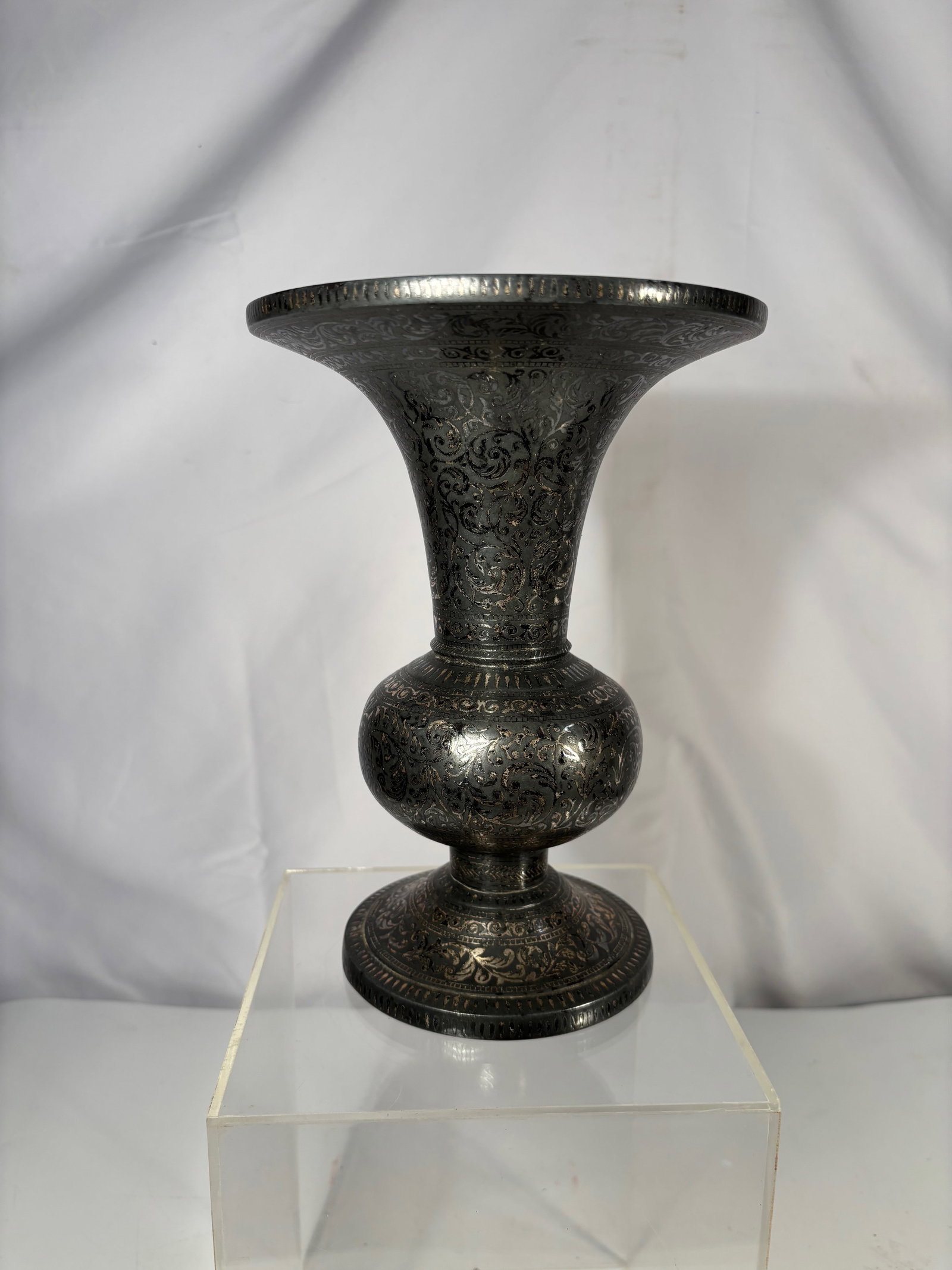 Antique Bidri Ware Vase with Silver Inlay, Bidar Deccan, 19th Century: An antique Bidri ware vessel from Bidar, Deccan (India), crafted in a zinc alloy with finely inlaid silver decoration. The surface is richly adorned with scrolling floral arabesques and geometric bord