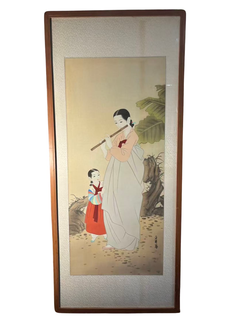 A Korean Genre Painting of Lady Playing Flute with Child, signed Jeong Jeong (?? ), framed panel (1 of 9)