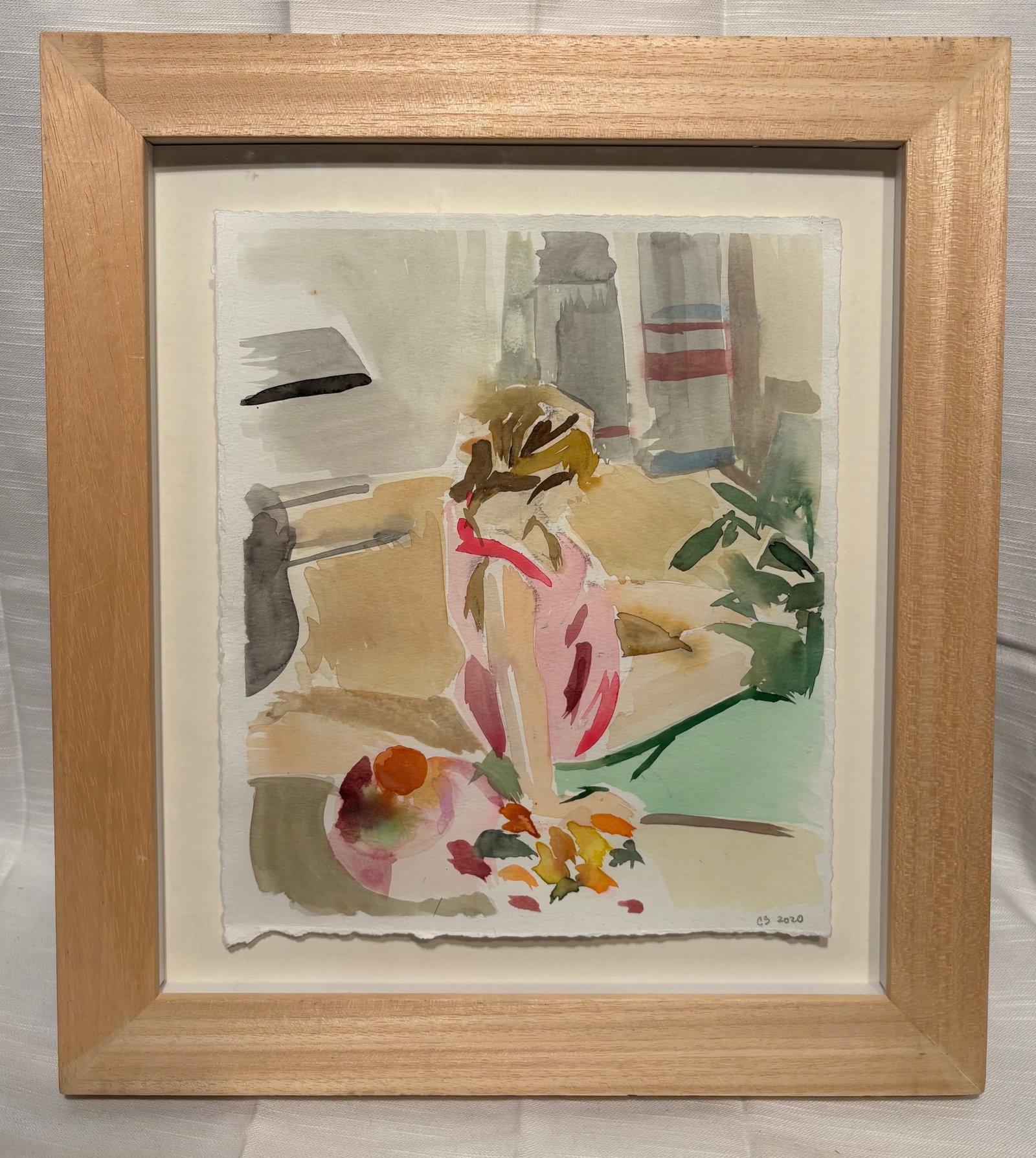 Contemporary Figurative Watercolor Painting, Signed C.S., Dated 2020, Framed