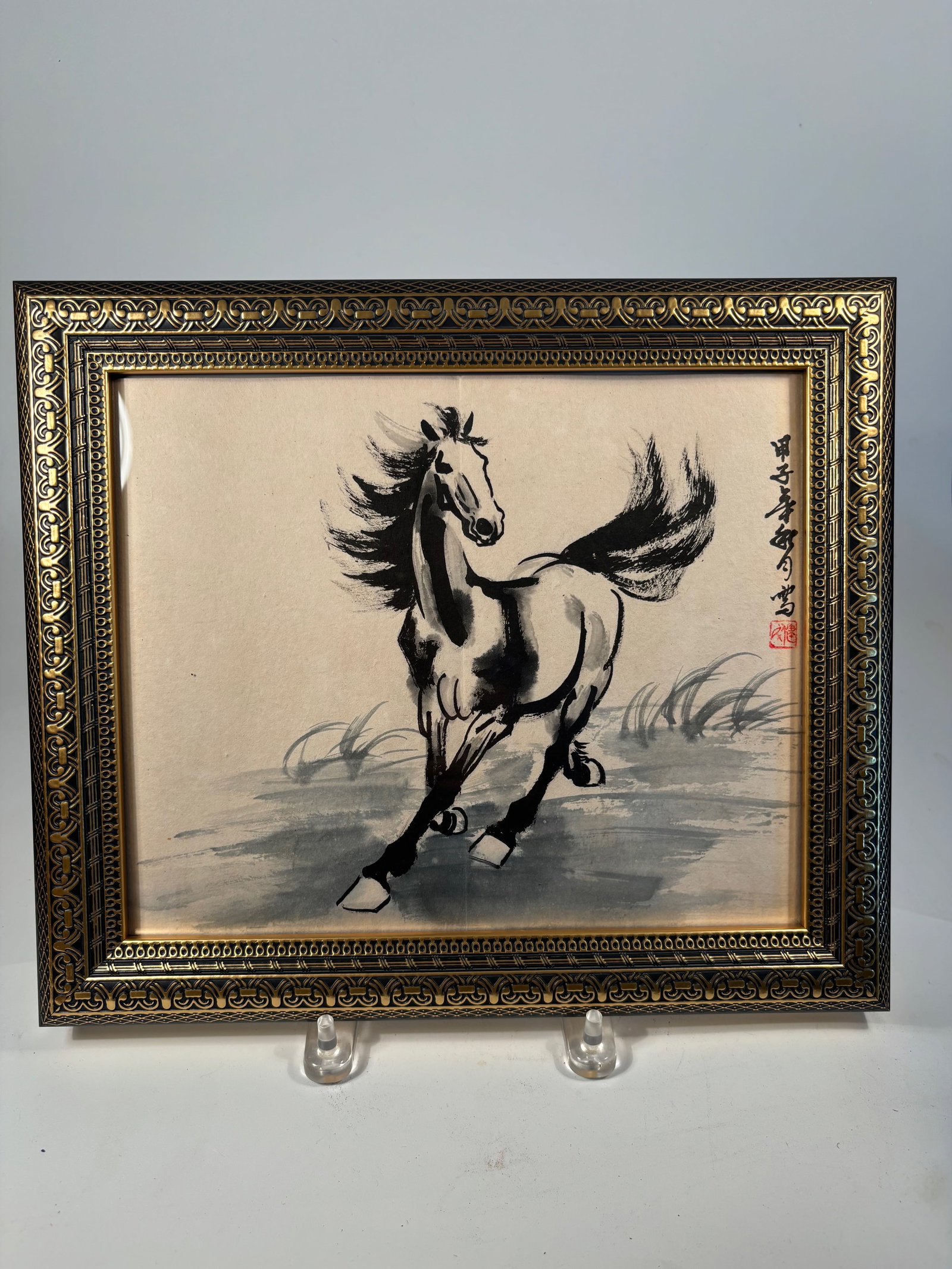 A Chinese ink and water color horse painting signed by artist "MA JIANYUAN"