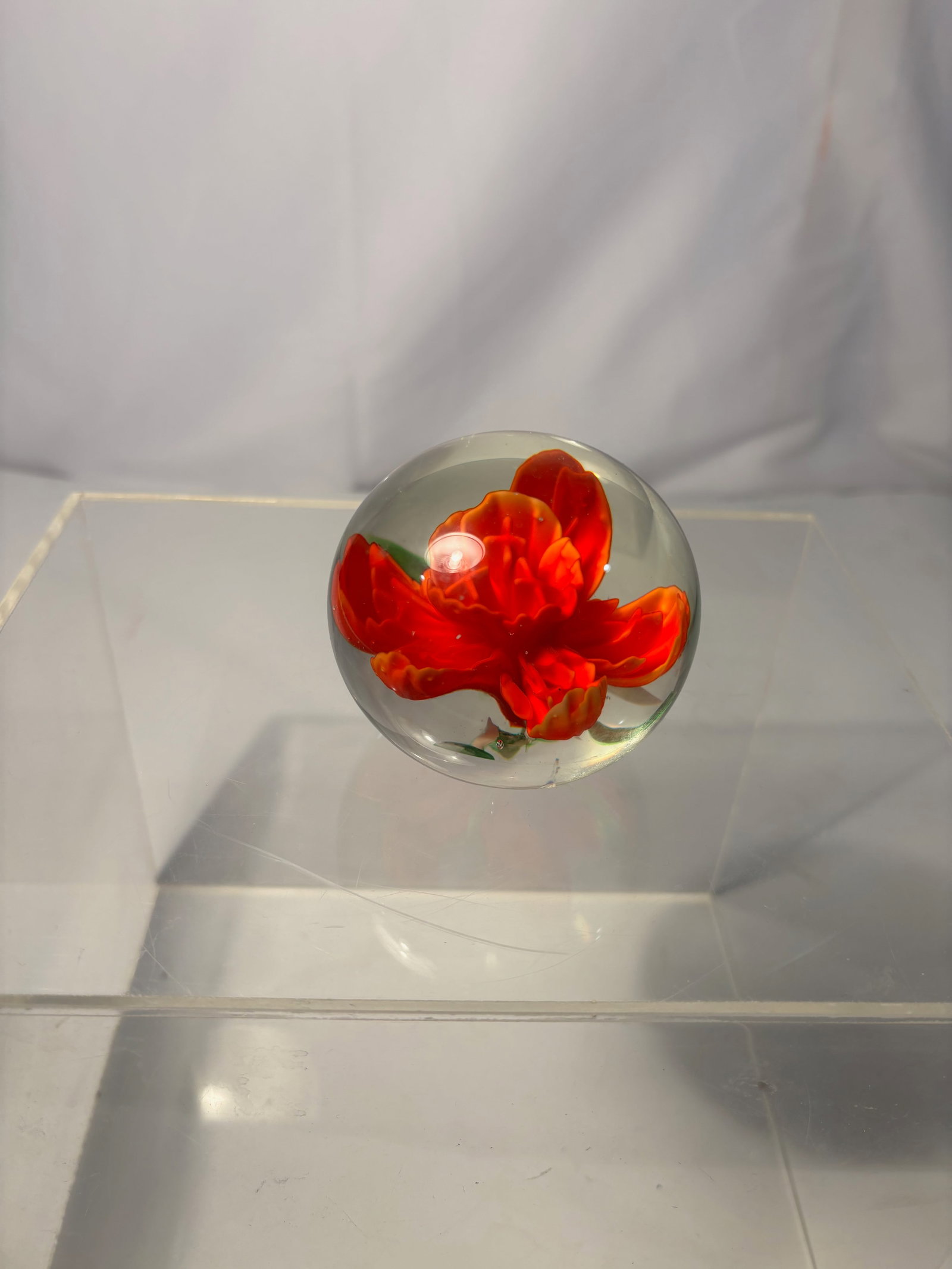 Art Glass Floral Paperweight with Red Lampwork Flower