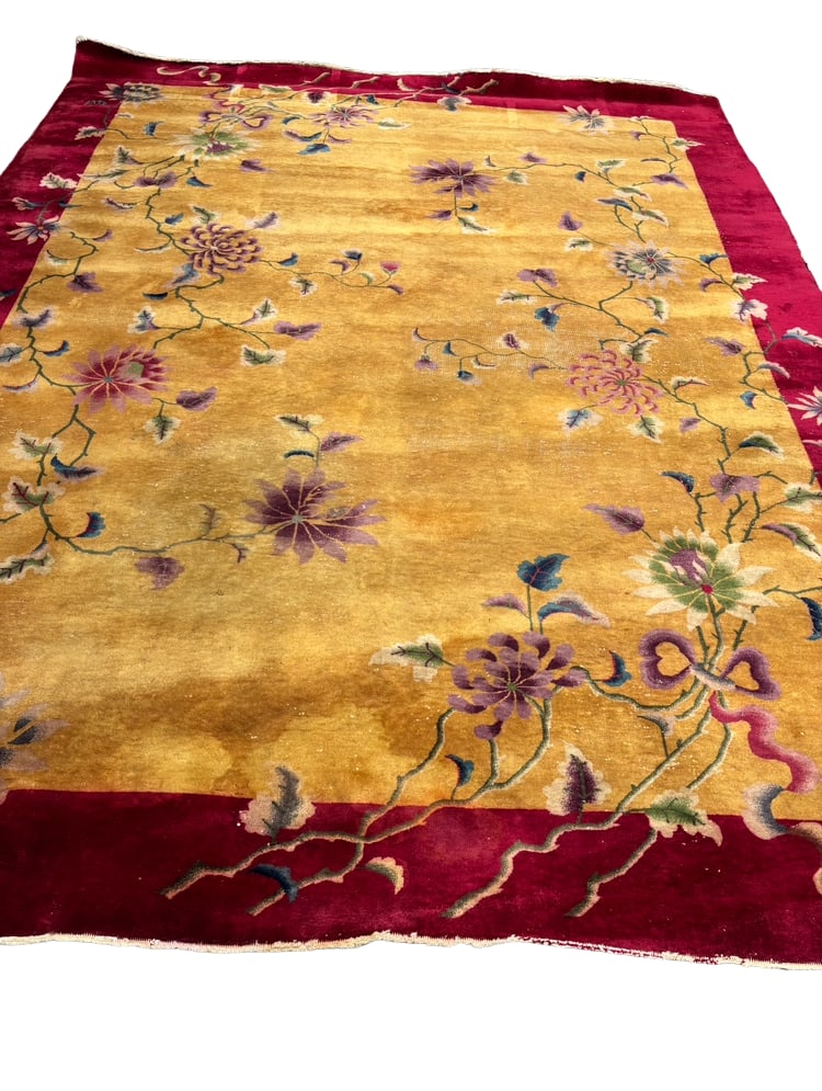 Antique Chinese Art Deco Style hand-knotted Rug, Golden Field with Floral Sprays, Burgundy Border,: Chinese Art Deco style carpet featuring a warm golden field with elegant scrolling floral sprays, framed by a contrasting burgundy border. The composition reflects classic early 20th century Chinese d