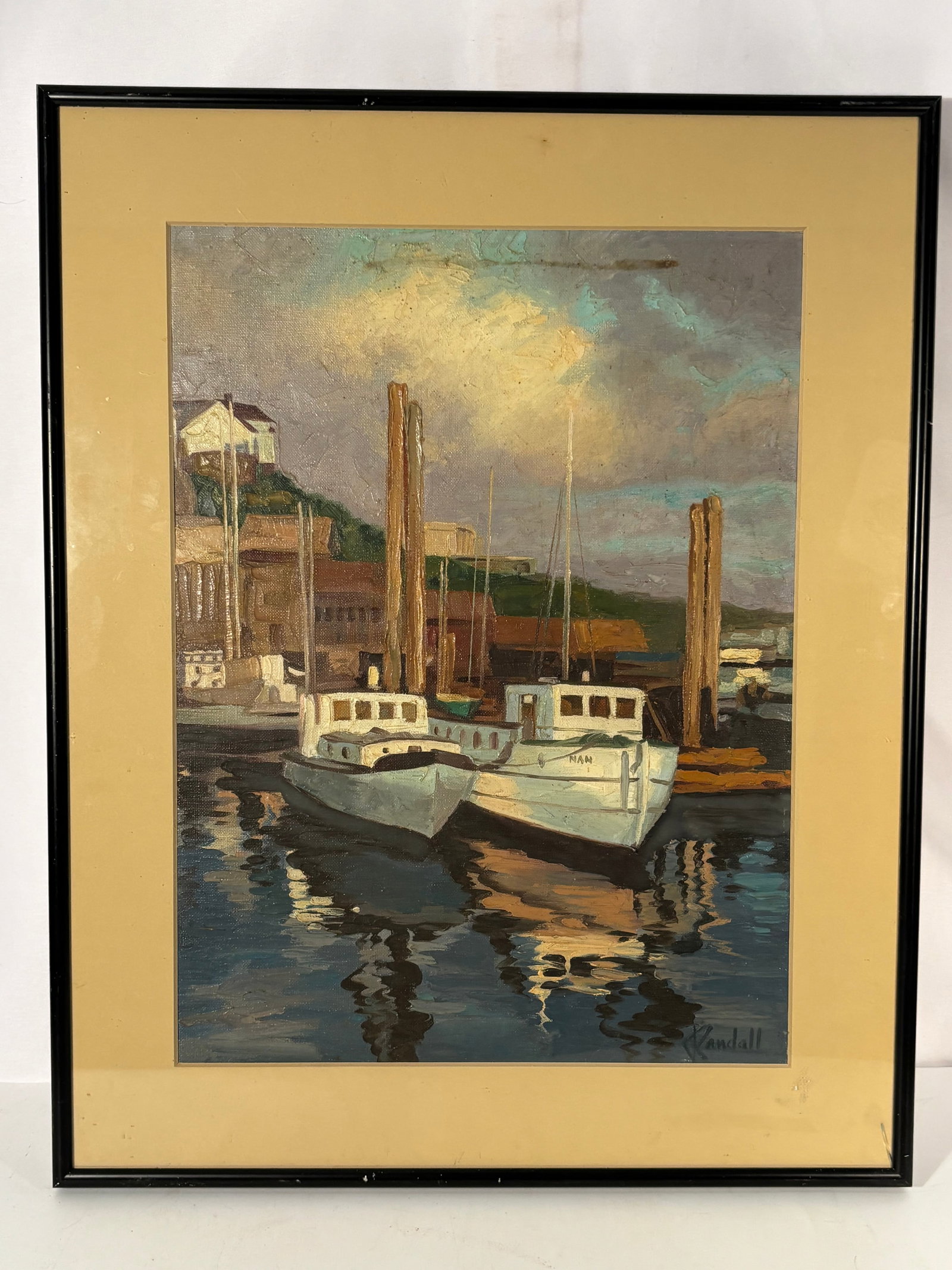 Vintage Signed Randall Harbor Marina Scene Oil Painting on Canvas Board