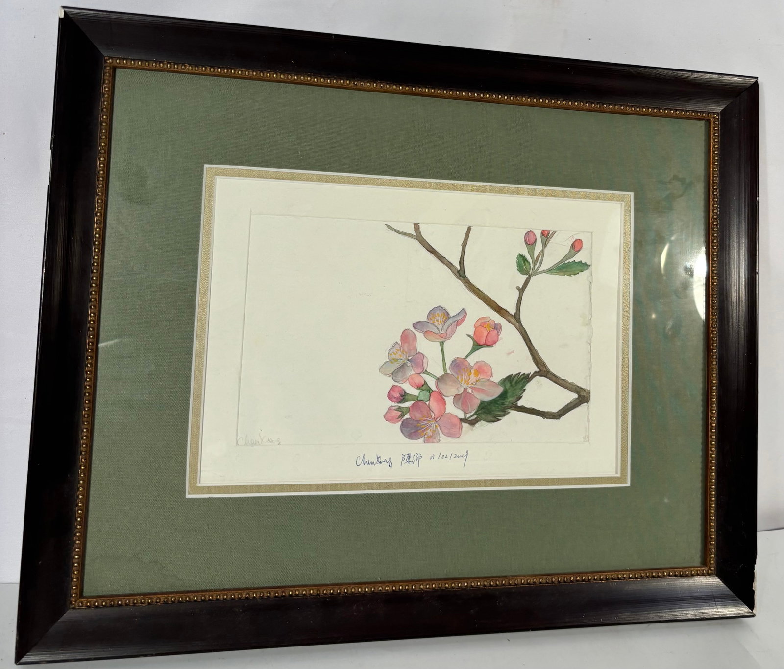 Chen Xiang Botanical Watercolor of Cherry Blossoms, Signed & Dated 2009: A delicate contemporary watercolor botanical study by Chen Xiang depicting a flowering cherry or crabapple branch with blossoms and buds in soft pink, lavender, and green tones. The composition is ele