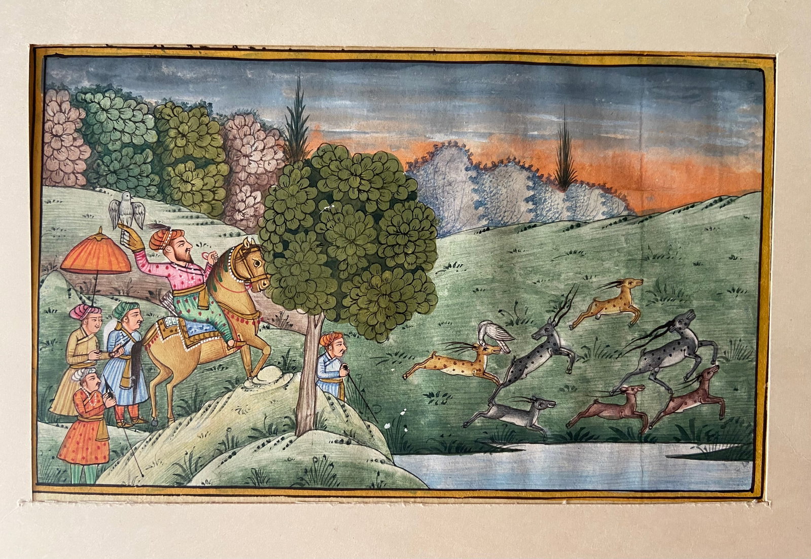 Indian Gouache Miniature of a Royal Hunting Scene, Rajasthan/Mughal School