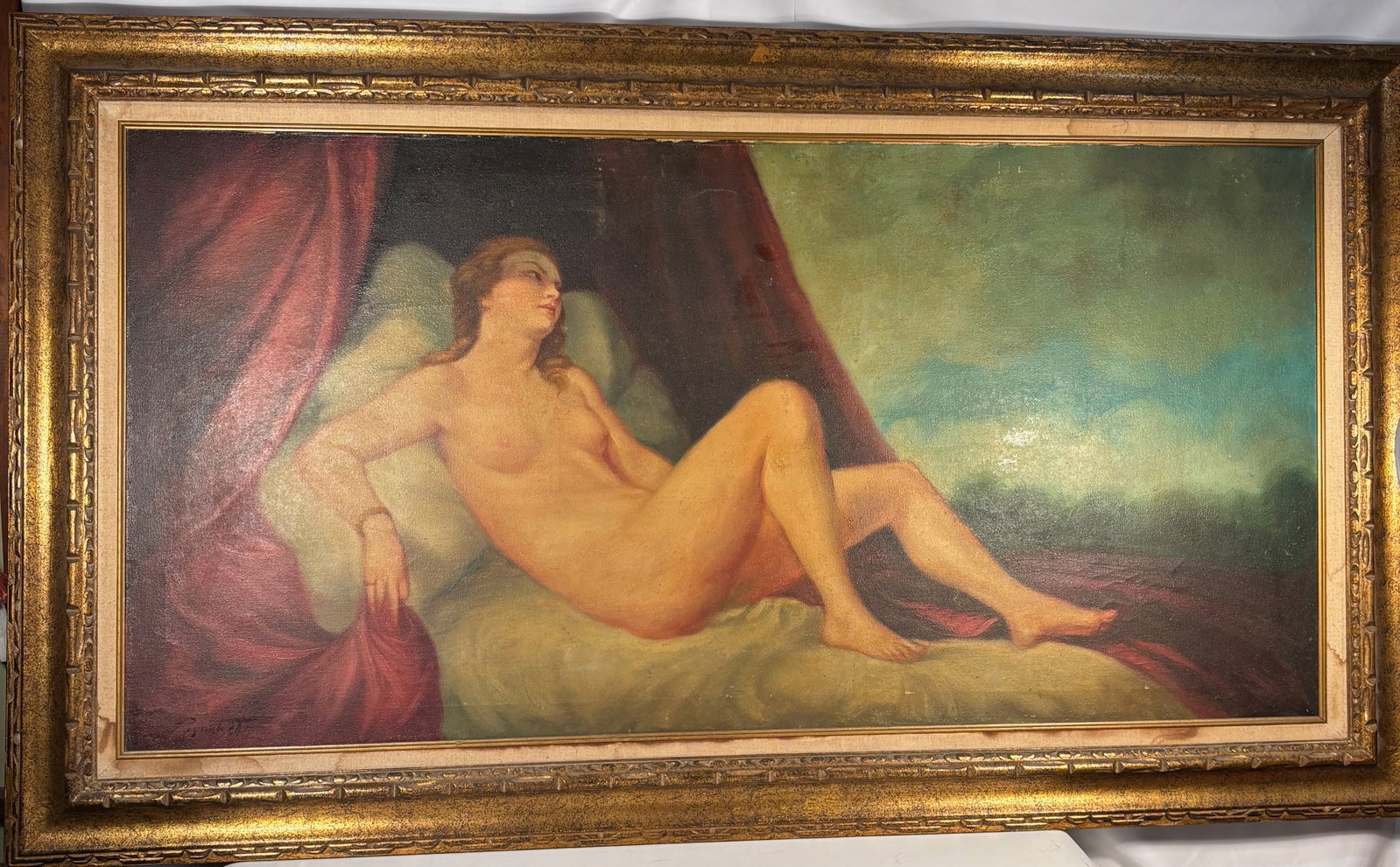 Large Signed Reclining Nude Oil Painting, 20th Century, European School, 32 x 56 in.
