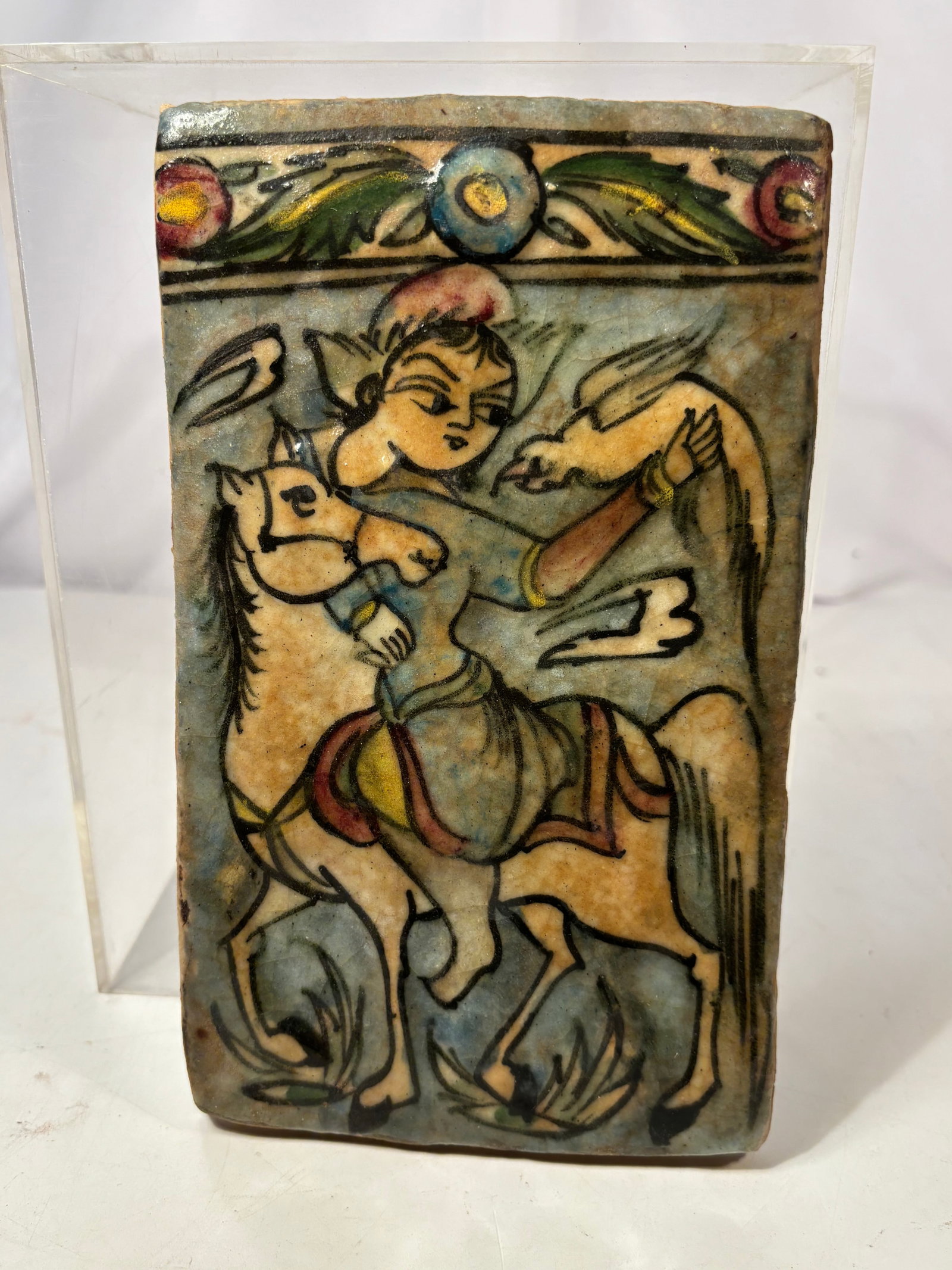 Antique Persian Qajar Polychrome Glazed Pottery Tile with Mounted Falconer Late 19th–Early 20th (1 of 7)