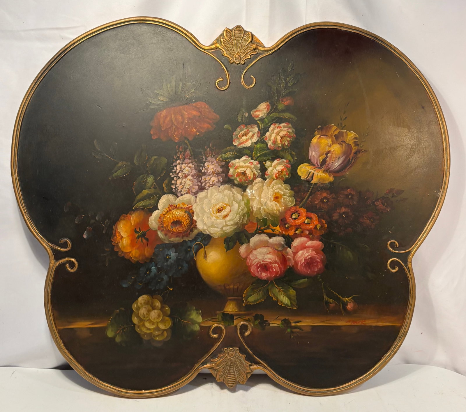 Vintage Continental Floral Still Life, Oil on Shaped Wood Panel