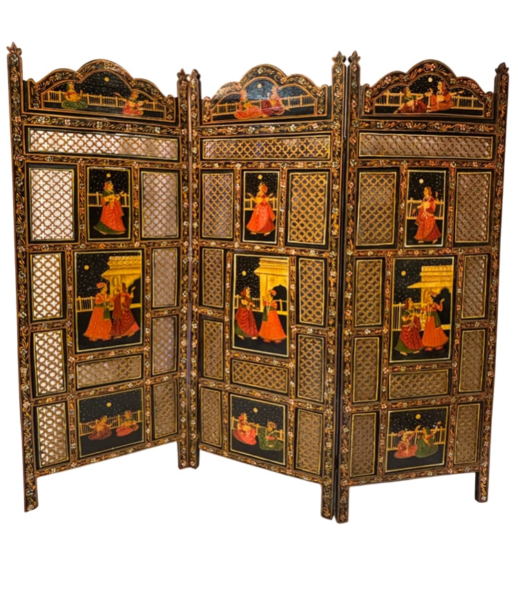 Vintage Indian Rajasthani Hand-Painted Three-Panel Folding Screen with Jali Lattice Work (1 of 15)