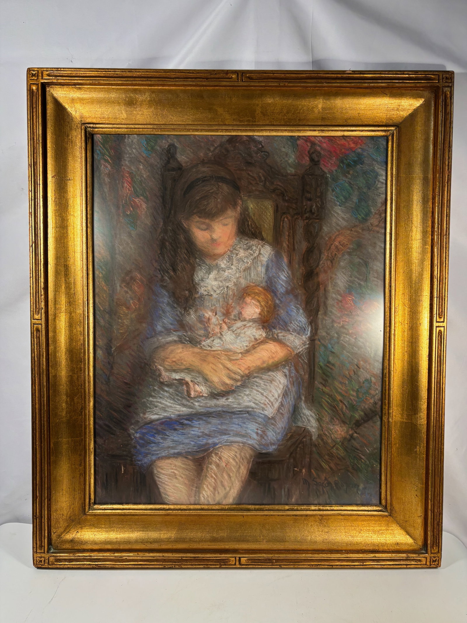 Continental School, Girl with Doll, signed , oil on canvas, framed.: Intimate interior portrait of a young girl cradling a doll, executed in soft post-Impressionist brushwork with a warm, domestic palette. Signed lower left “M. Saco Royon” ??(reading per