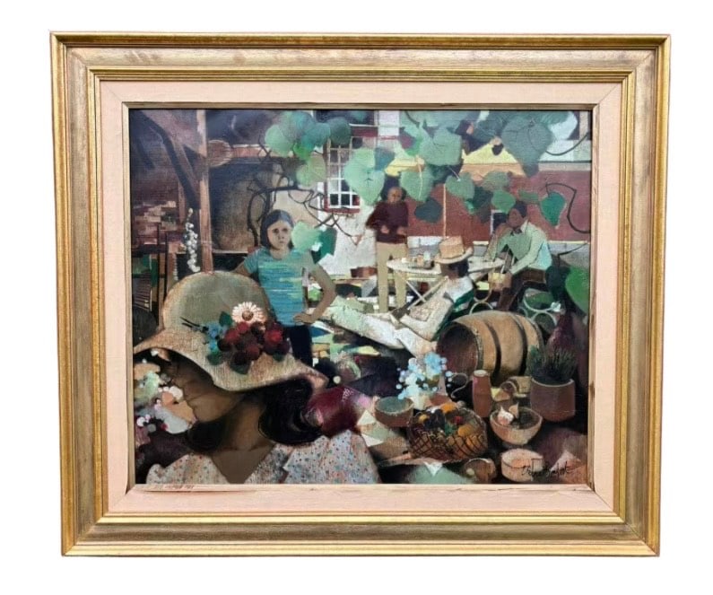 Robert Vernet-Bonfort (b. 1934) – Provençal Market Scene – Original Signed Oil on Canvas: This is an original signed oil painting by Robert Vernet-Bonfort (born 1934), a noted French painter recognized for his vivid depictions of Provençal life and Mediterranean culture. The composition