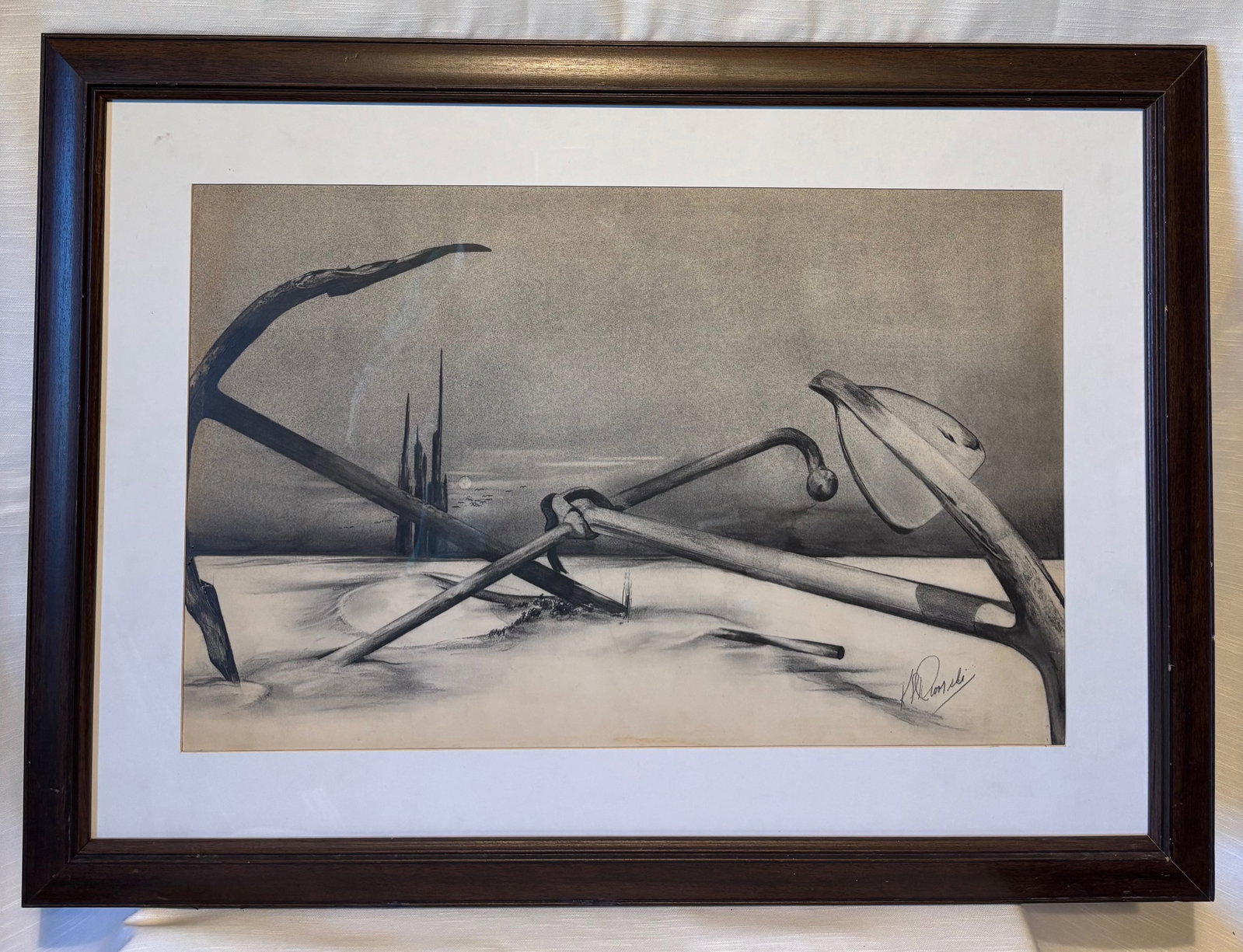 Striking Surrealist Charcoal Drawing, Signed K.P., Modern Abstract Landscape: A striking surrealist charcoal and graphite drawing depicting an abstract landscape populated with mechanical and organic forms, set within a sparse, dreamlike environment. Executed in a refined monoc