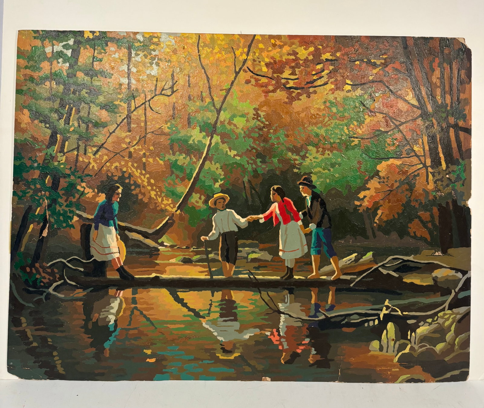 Vintage Modernist Autumn Forest Scene with Figures