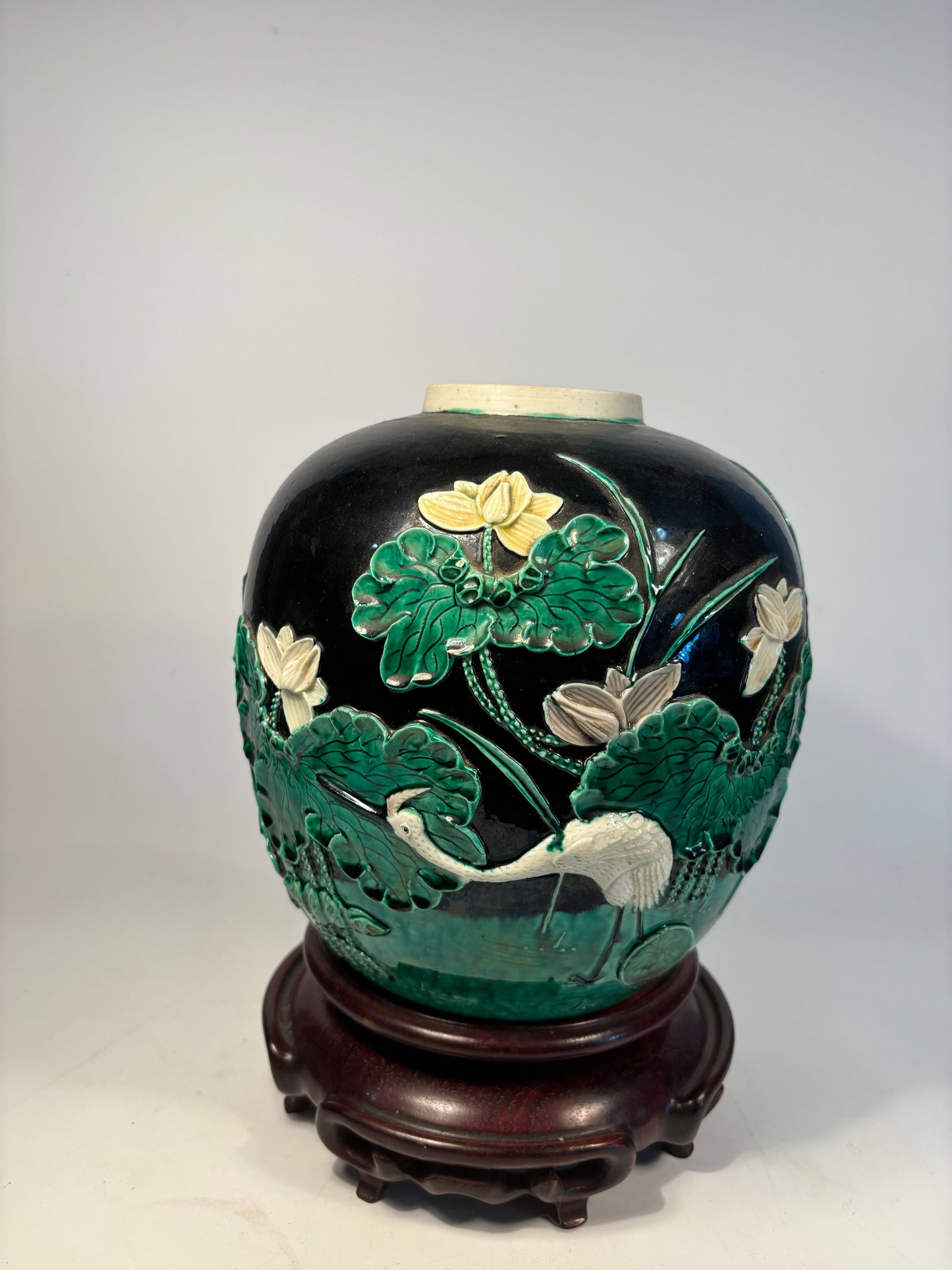 A Chinese High-Relief Porcelain Jar with Cranes and Lotus, Marked "Wang Bingrong"