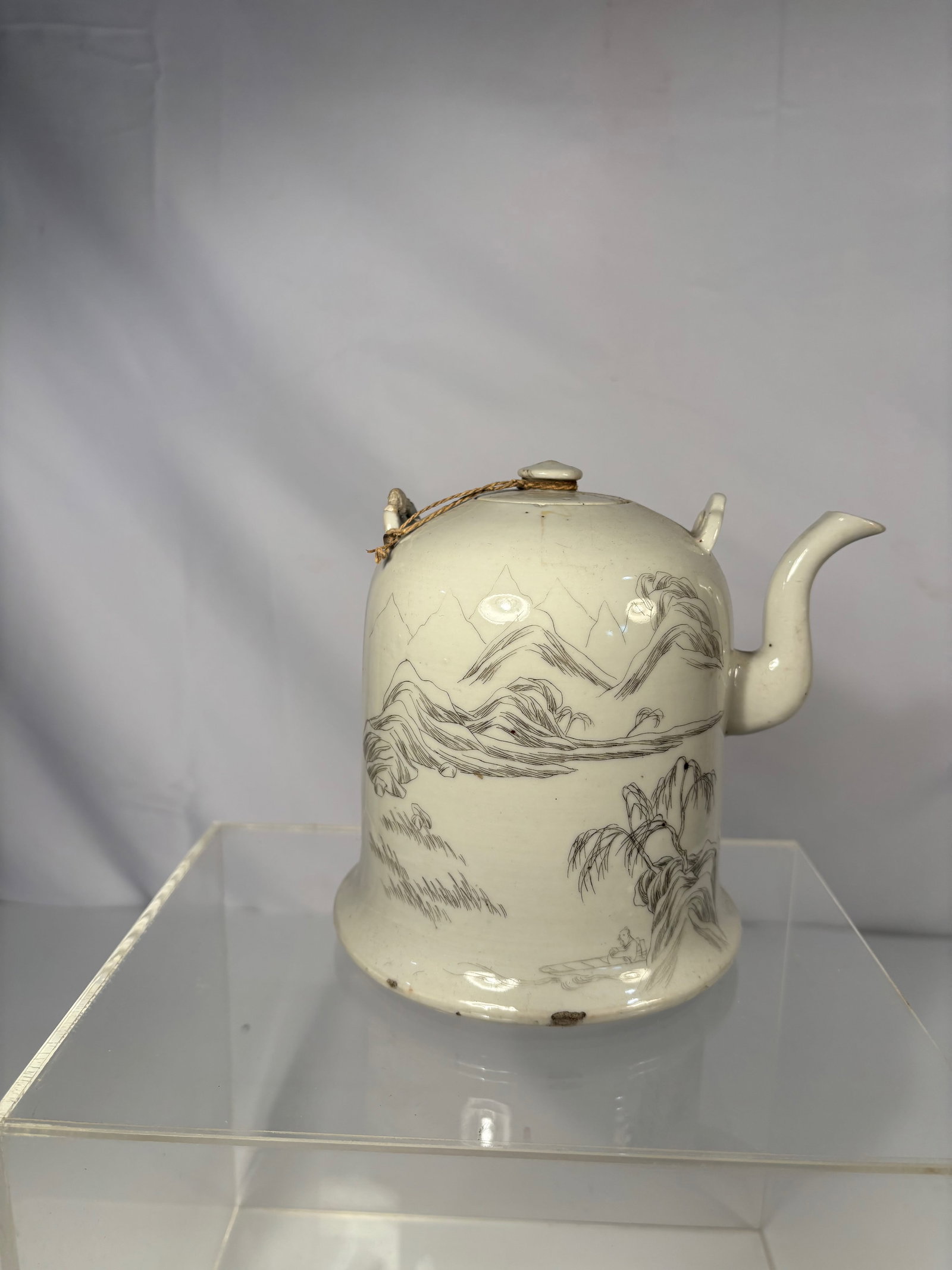 Chinese Porcelain Warming Teapot with Landscape and Calligraphy in ink-painting Decoration