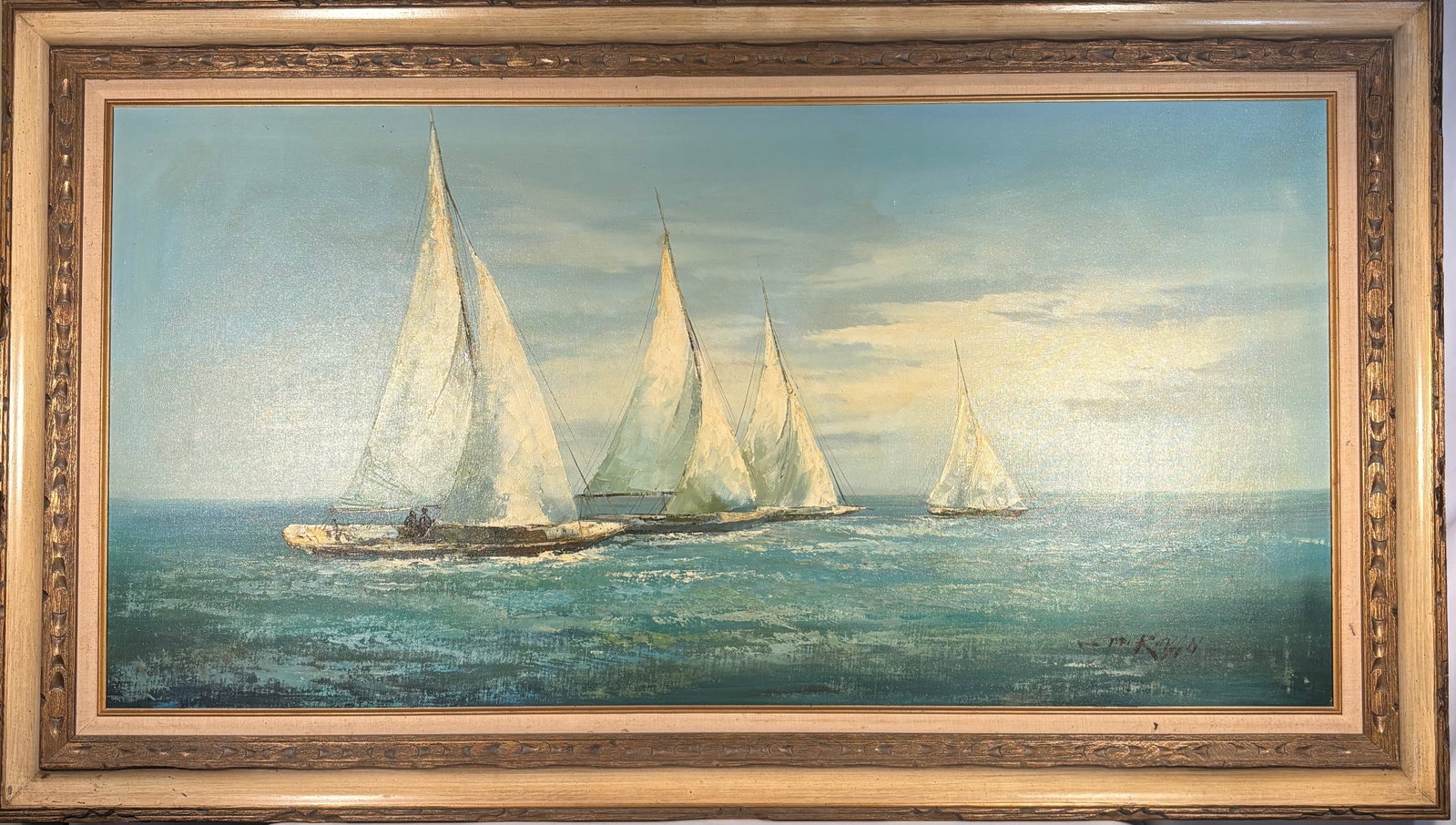 A Large Mid-20th Century Sailboat Seascape, Signed “Rovan" Oil on Canvas