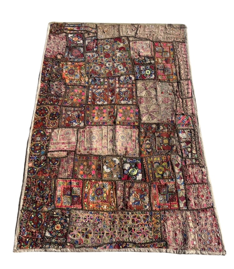 Vintage Indian Embroidered Patchwork Textile Wall Hanging, Mirror Work, Large 95 x 50 in: Hand-stitched patchwork textile composed of various embroidered panels, likely from India (Gujarat/Rajasthan region), featuring traditional mirror work and vibrant geometric and floral motifs. Constru