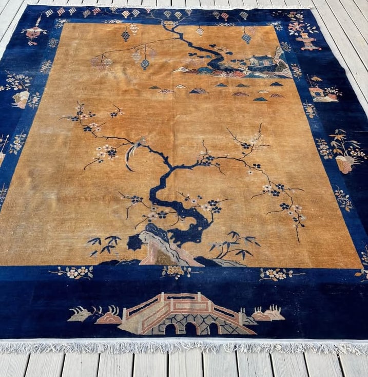 Antique Chinese Peking Art Deco Rug, Scenic Landscape, Gold Field & Blue Border (1 of 10)