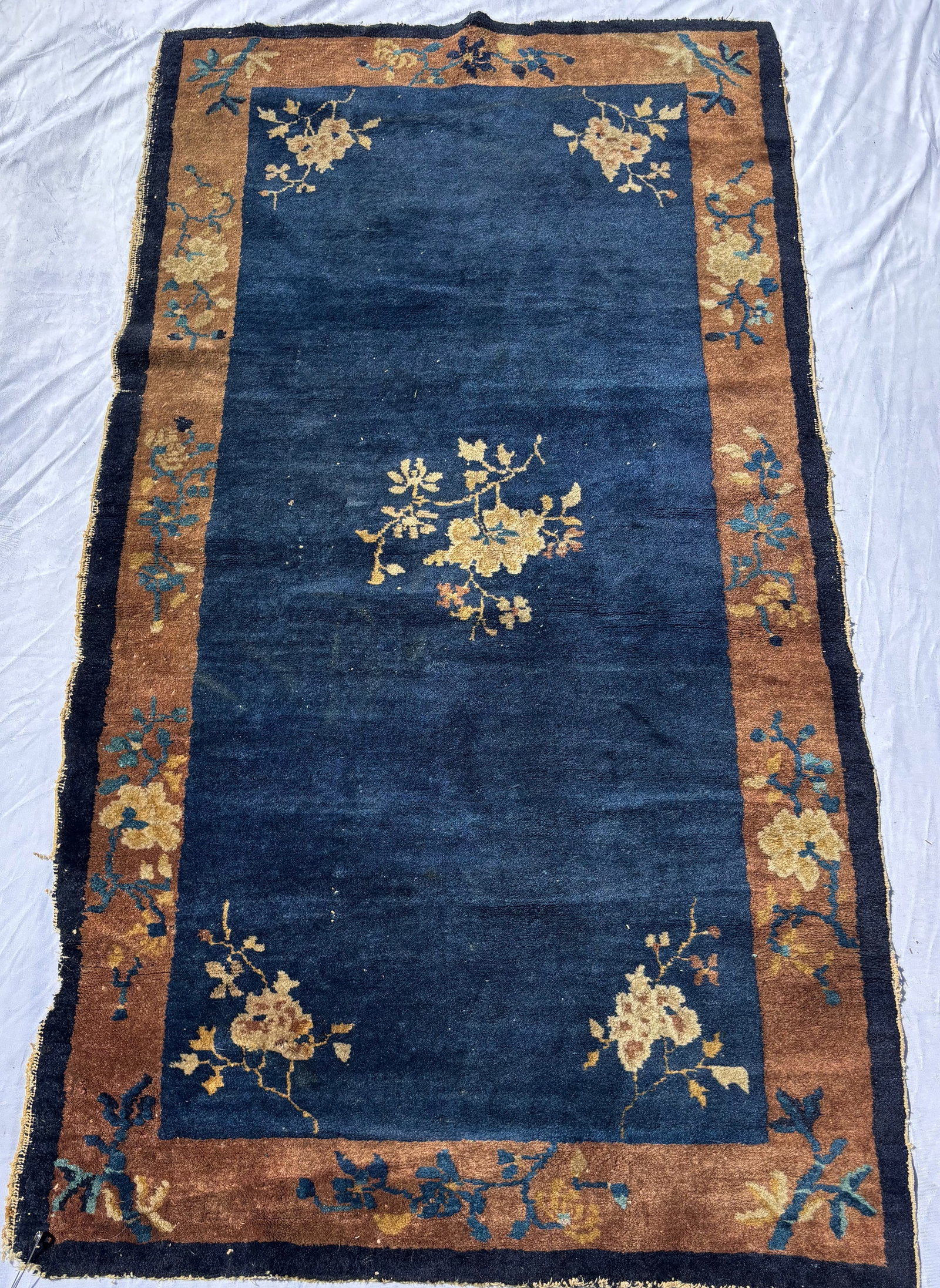 Antique Chinese Art Deco Peking Style Blue Ground Rug68 x 37 in.