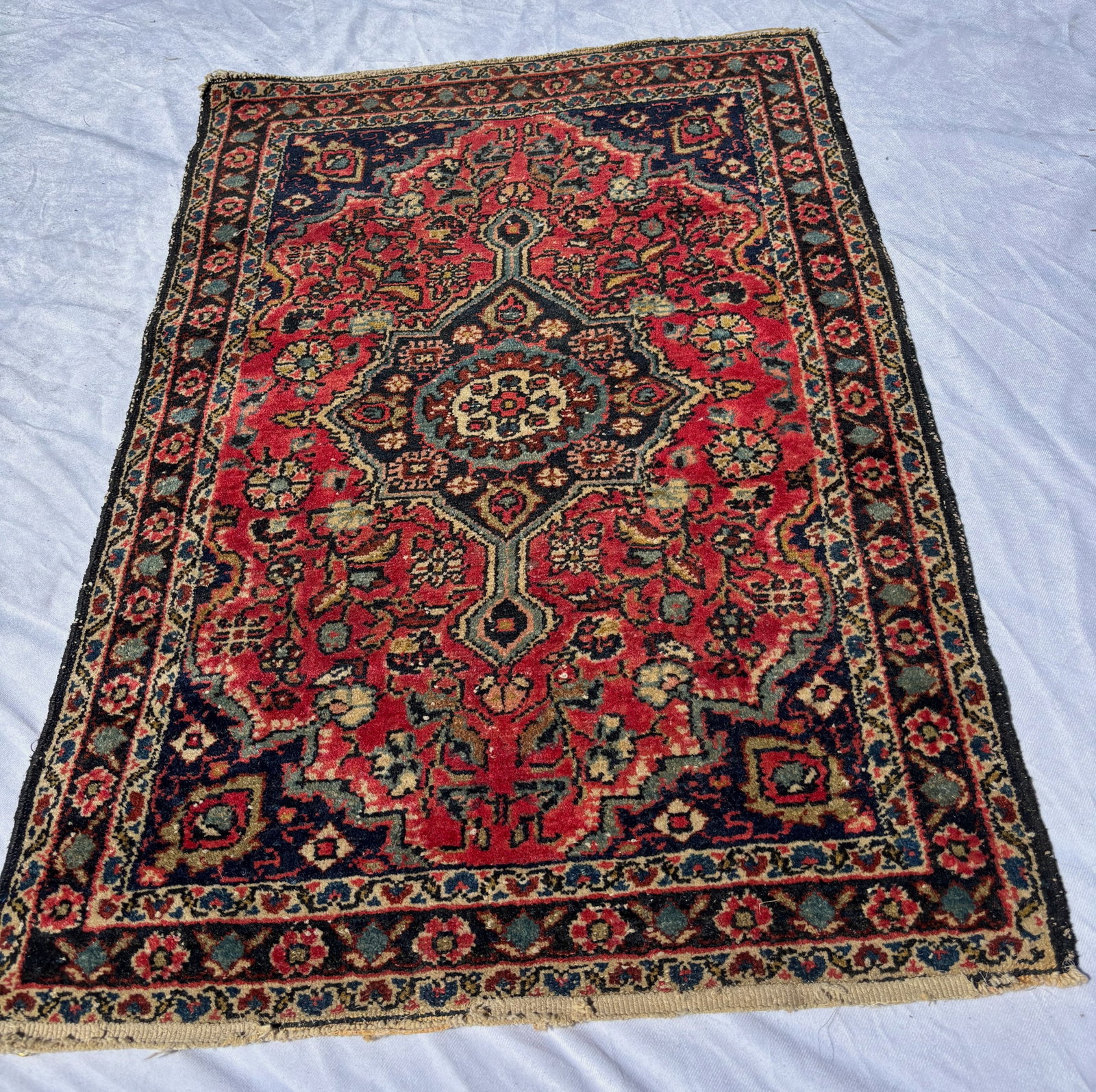 Antique Persian Heriz Style Hand Knotted Wool Rug, 33 x 24 in