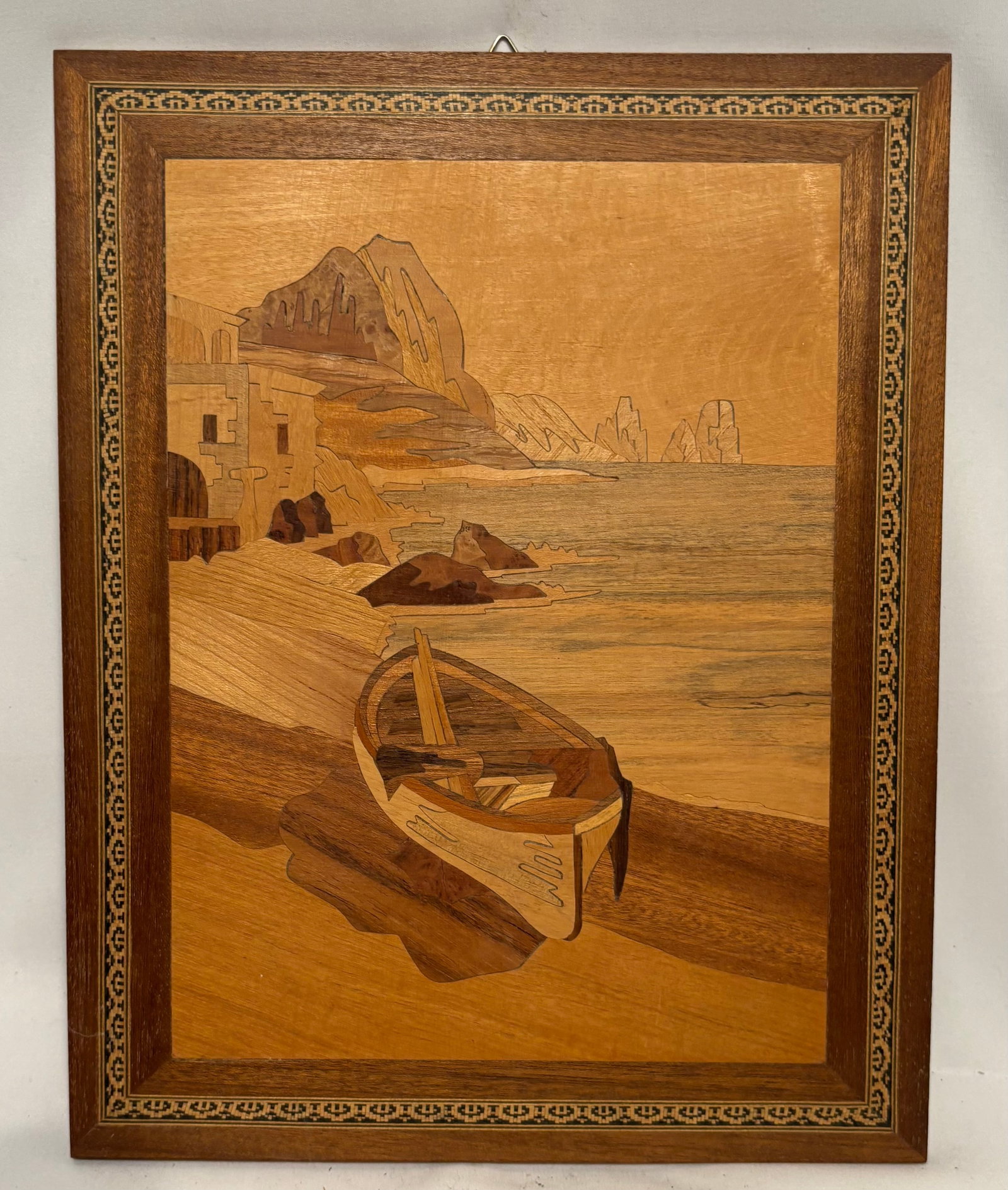 Vintage Italian Sorrento Marquetry Wood Inlay Seascape with Boat, Dated 1969 (1 of 9)