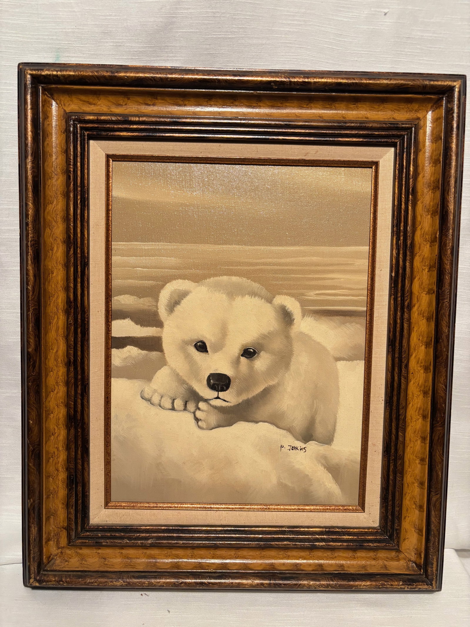 Vintage Polar Bear Cub Oil Painting on Canvas, Signed