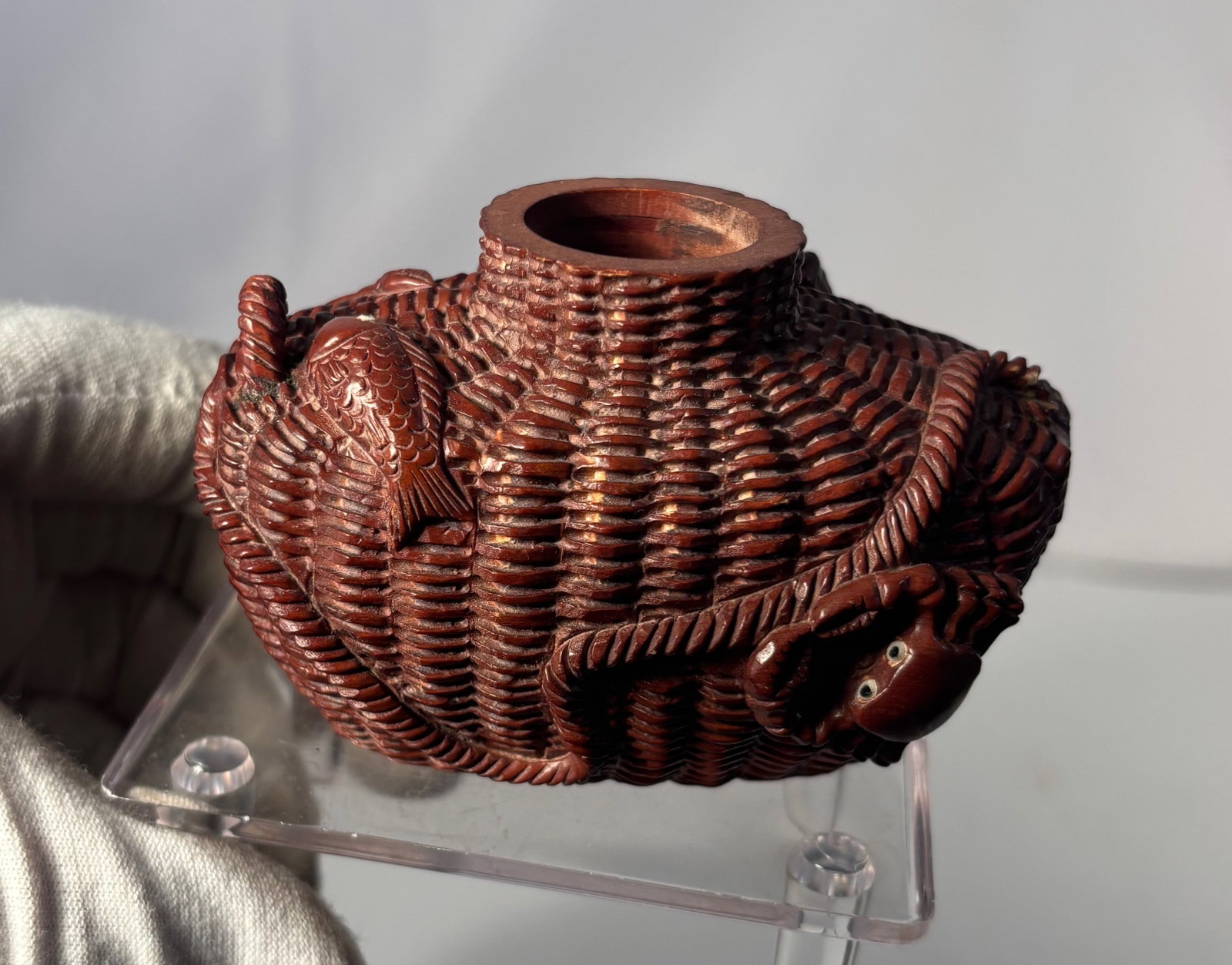 A Japanese Carved Boxwood Tobacco Container (Tonkotsu), Crab Basket Form, Edo–Meiji Period