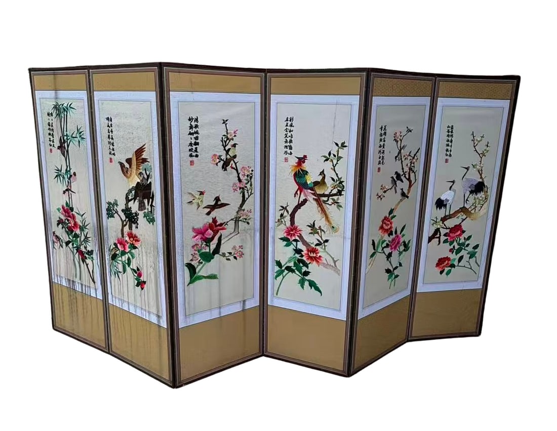 A Large Asian Double-Sided Embroidered Folding Screen, Bird & Flower Panels with Calligraphy (1 of 12)