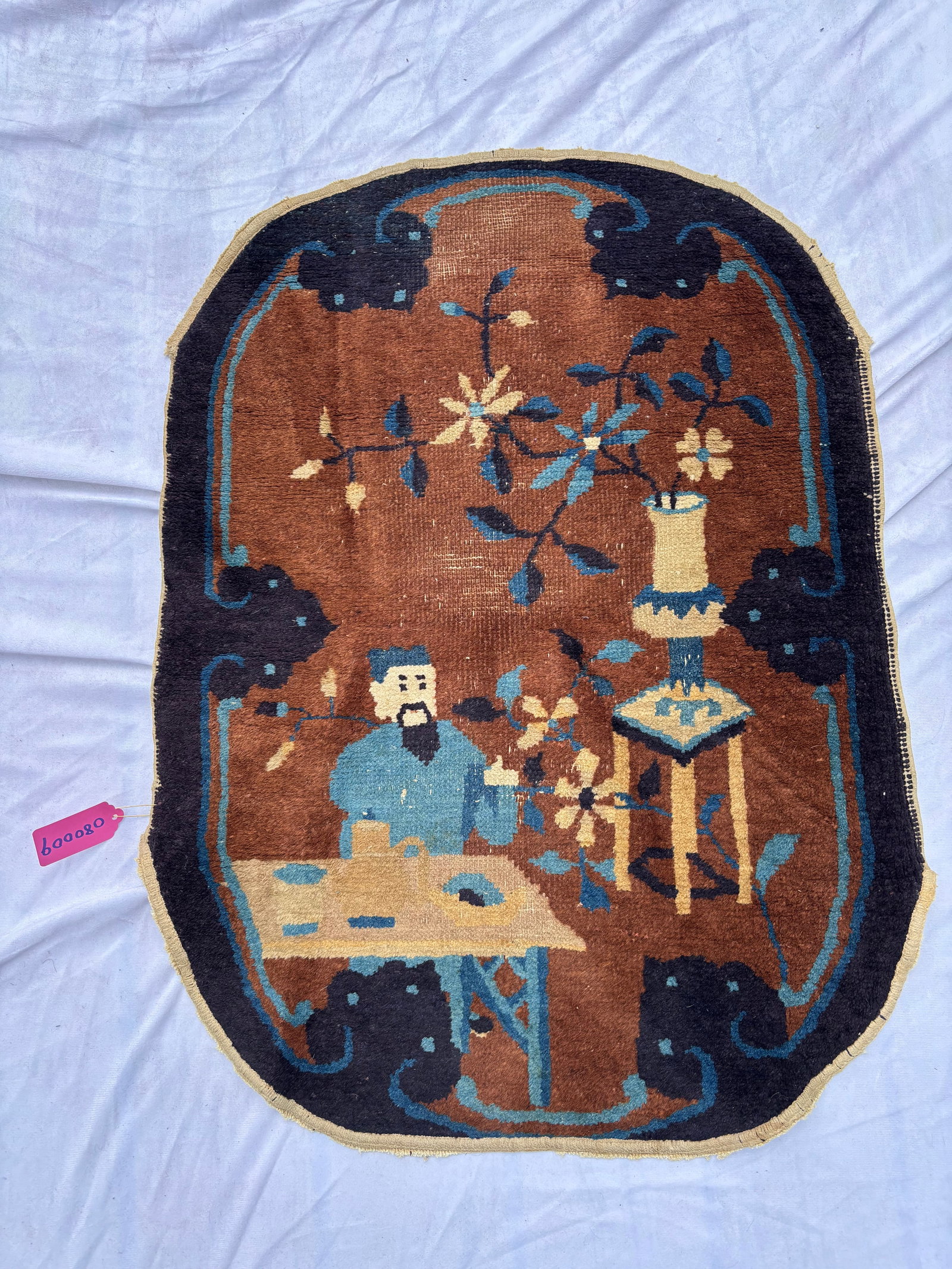 Antique Chinese Peking Rug Depicting a Scholar and Floral Arrangement, 33 x 24 Inches