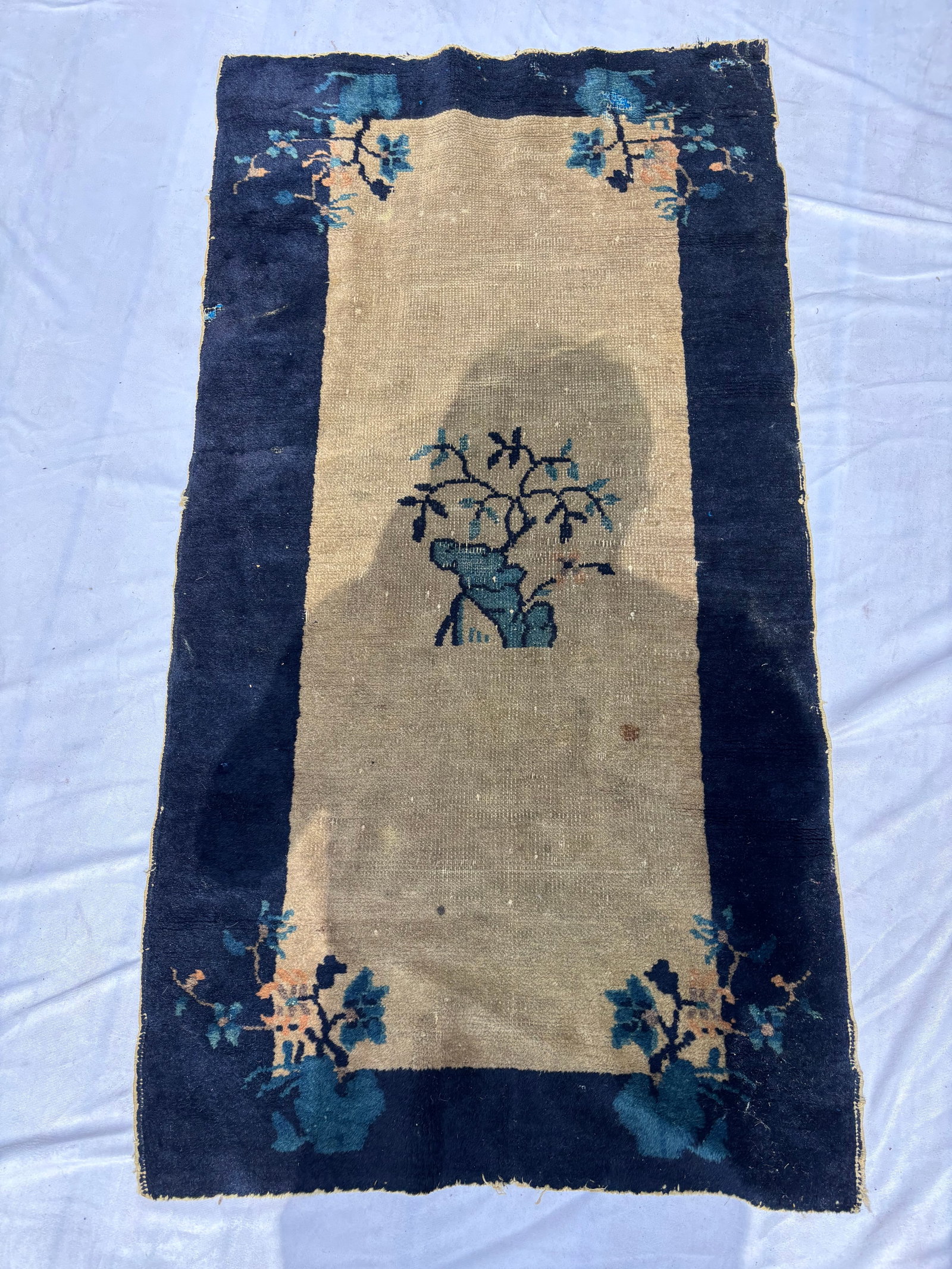 Antique Chinese Peking Rug with Blue Stripe Decoration, 45 x 24 In.