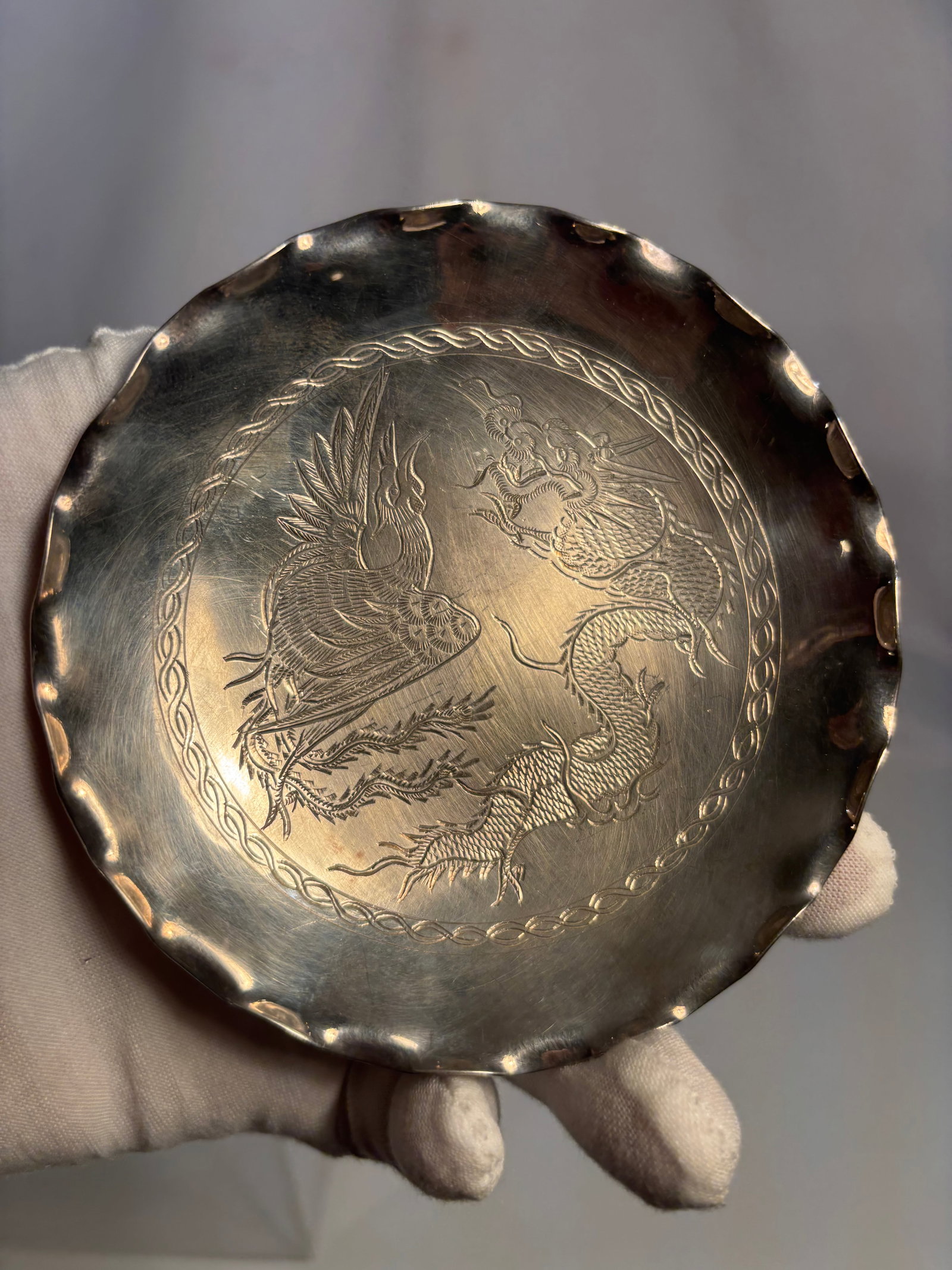 Sterling Silver Dragon and Phoenix Footed Dish, 20th Century (1 of 7)