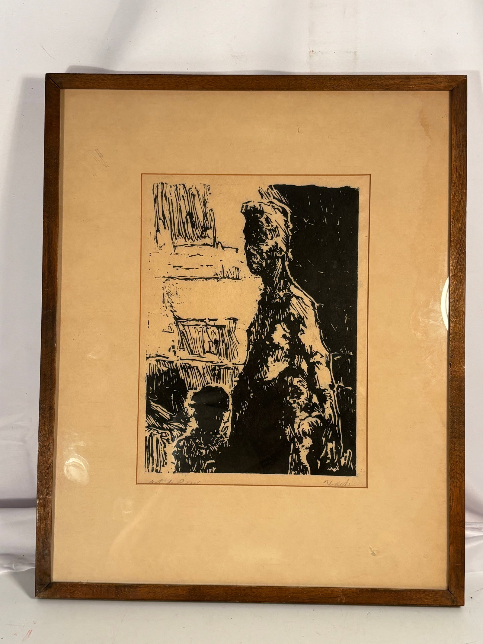 Richard Yarde (American, 1939–2011). Signed Woodcut (or Linocut) Artist’s Proof Woodcut Print,: Original black-and-white relief print, likely a woodcut or linocut, depicting a standing female figure with children in an expressive architectural setting. Printed in bold black ink with strong graph