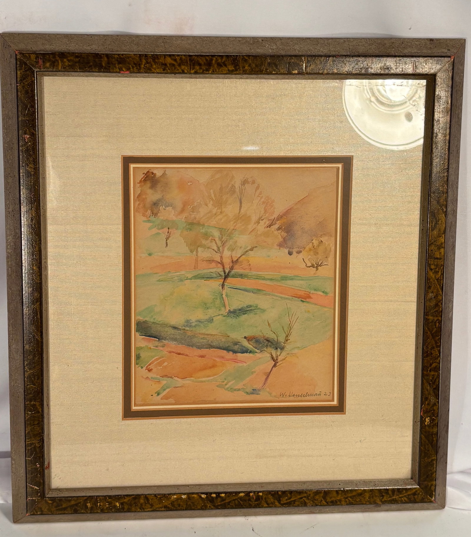 Signed “A. Rodino?? (or similar), Mid-20th Century Coastal Landscape Oil Painting: Mid-20th century oil on board depicting a coastal village with a yellow cottage, windswept tree, shoreline, and blue sea beyond. Executed in a textured impasto technique with palette-knife accents. Si